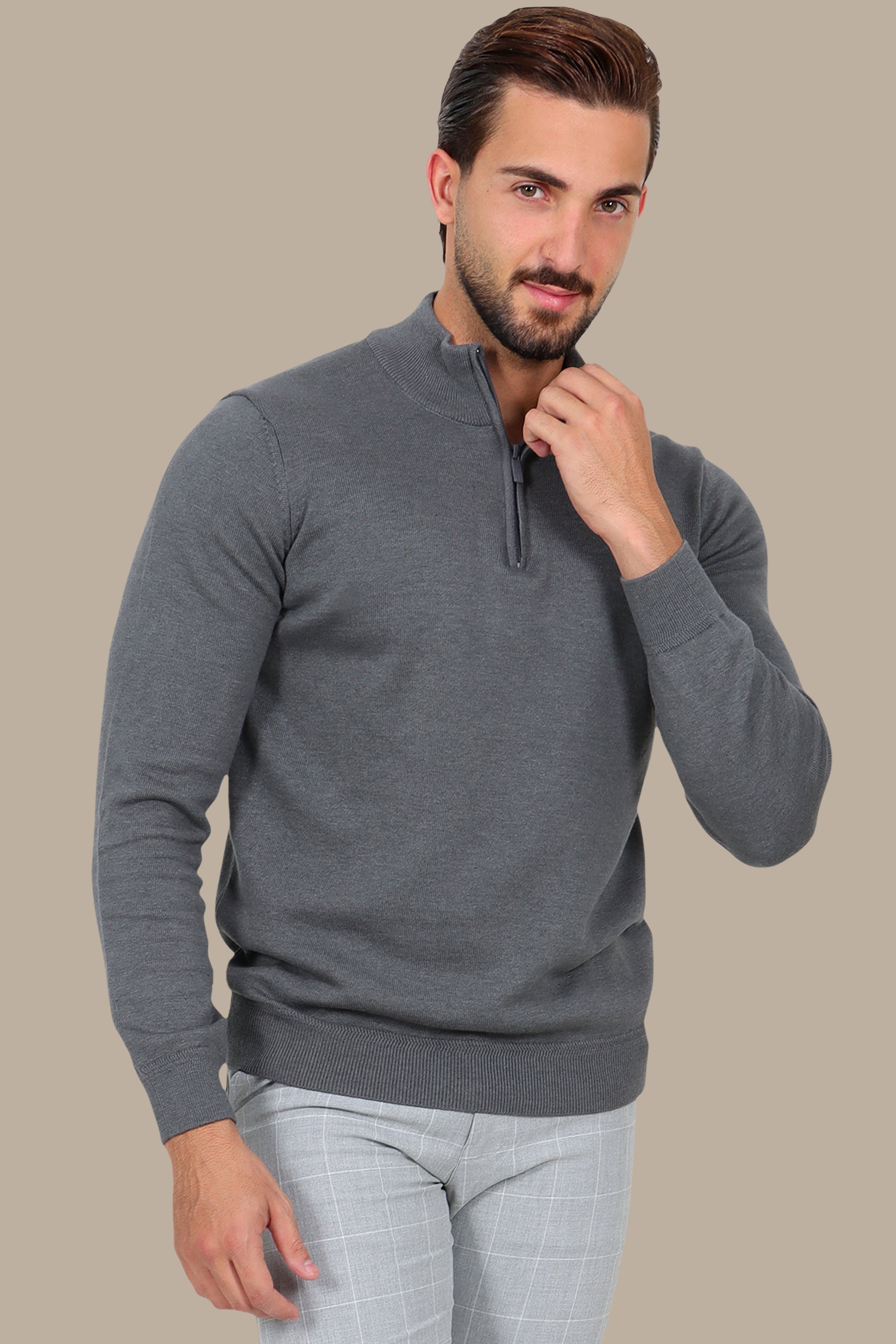 Grey Cotton Sweater with Half Zipper