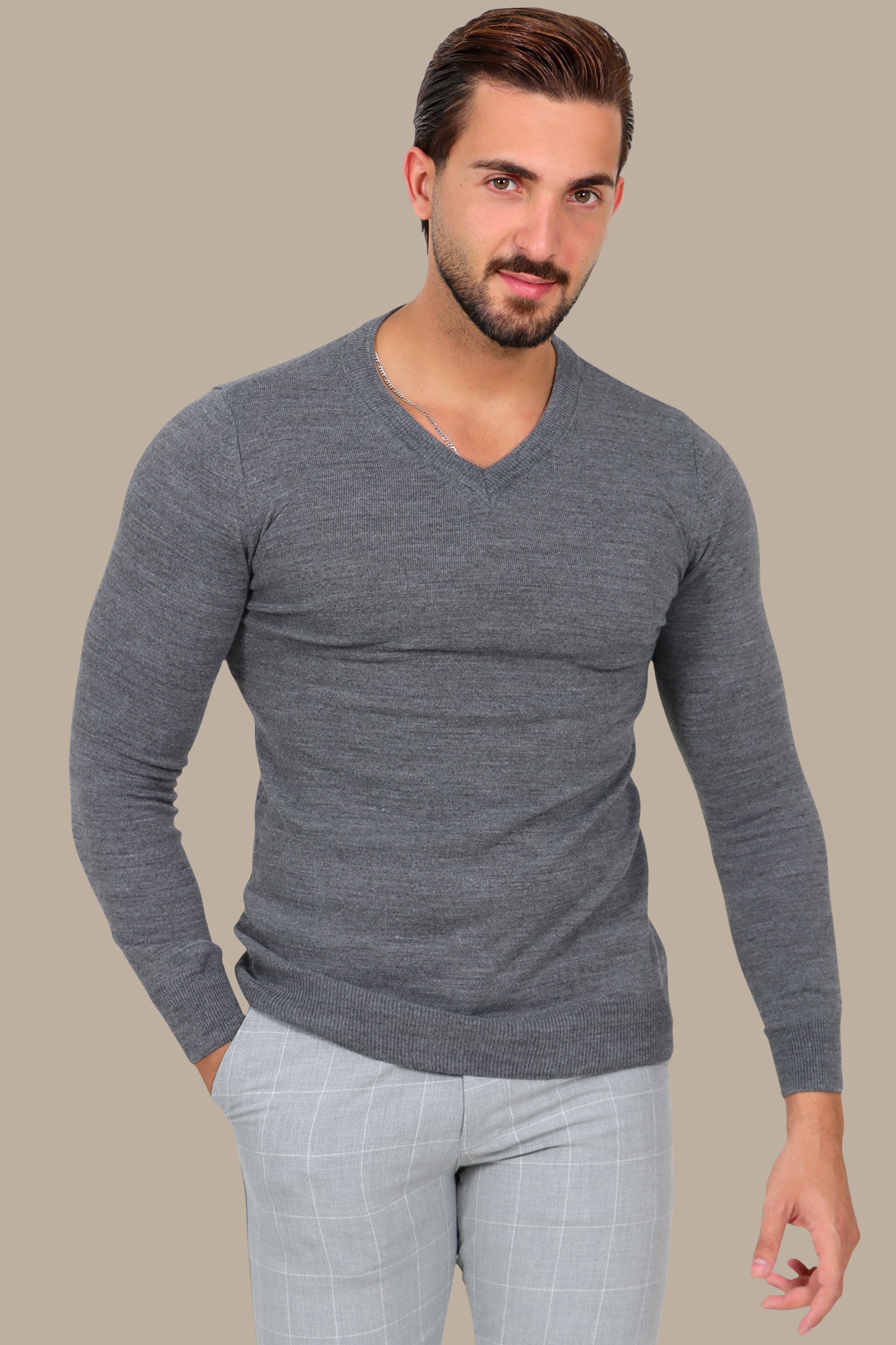 V Neck Sweater Basic Grey