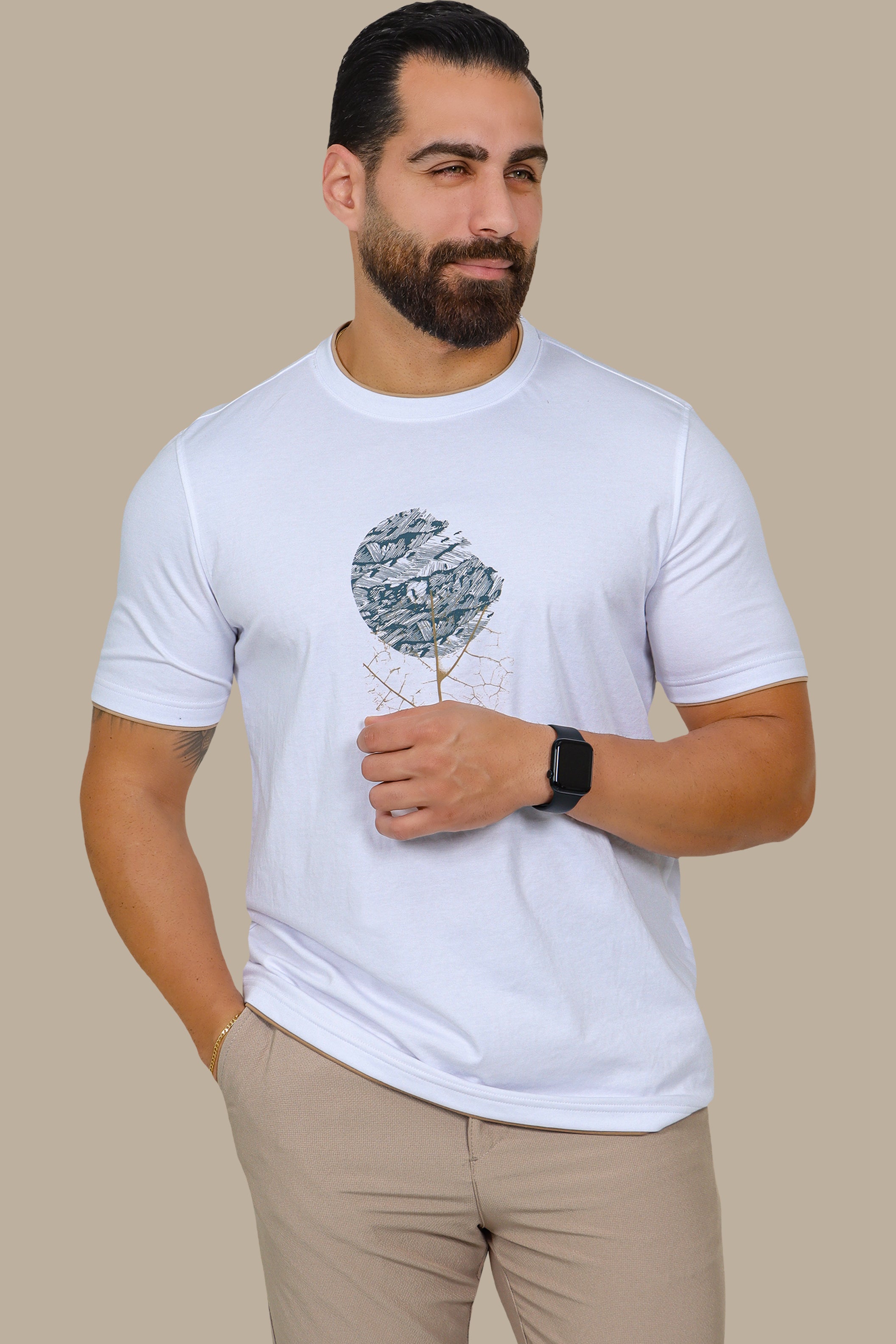 Double Collar T-Shirt with Circles Print – White