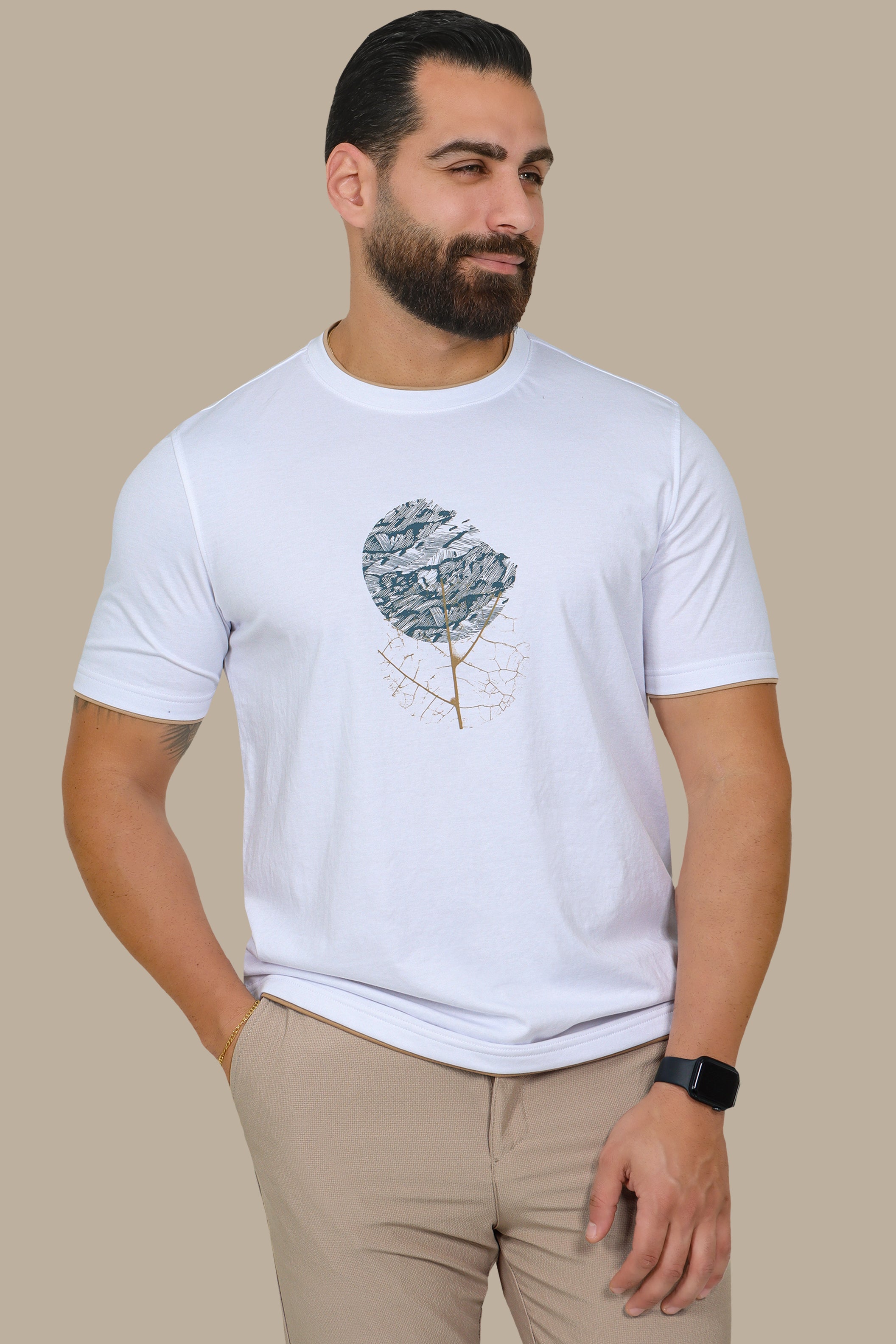 Double Collar T-Shirt with Circles Print – White