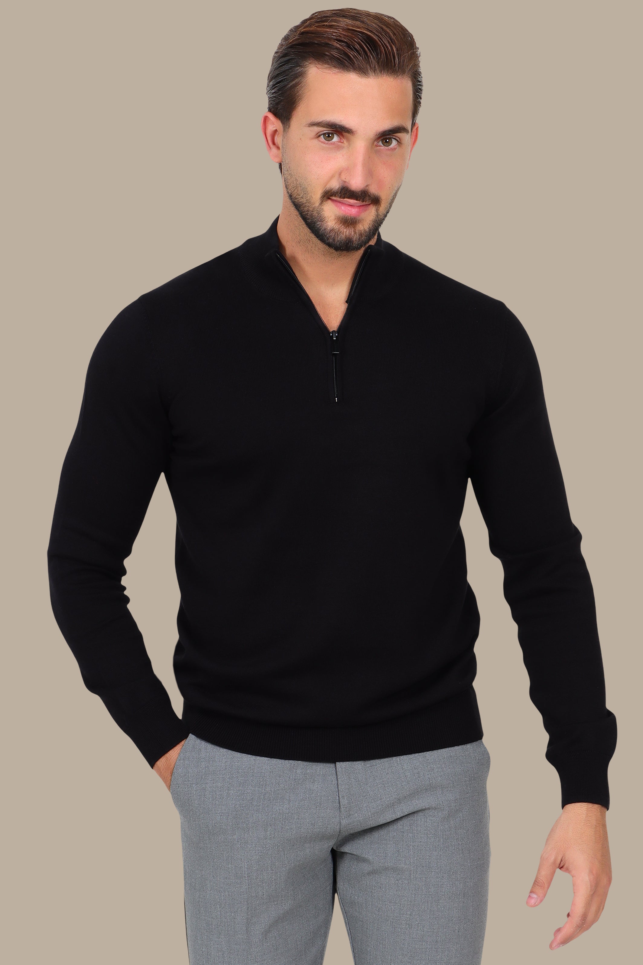 Black Half Zipper Cotton Sweater