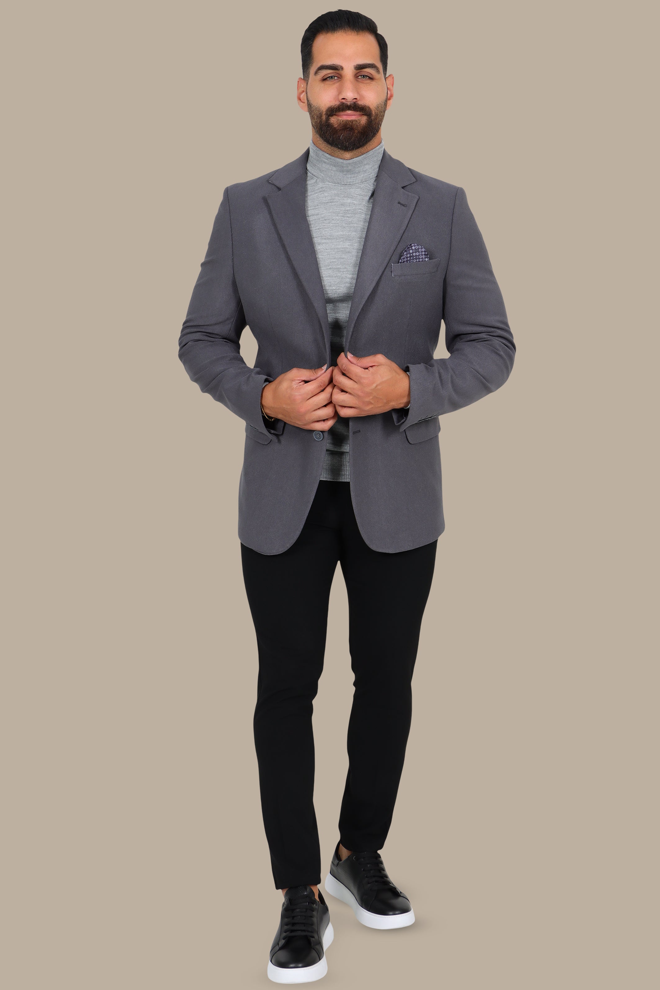 Slim Fit Corduroy Blazer with Notch Lapel in Grey