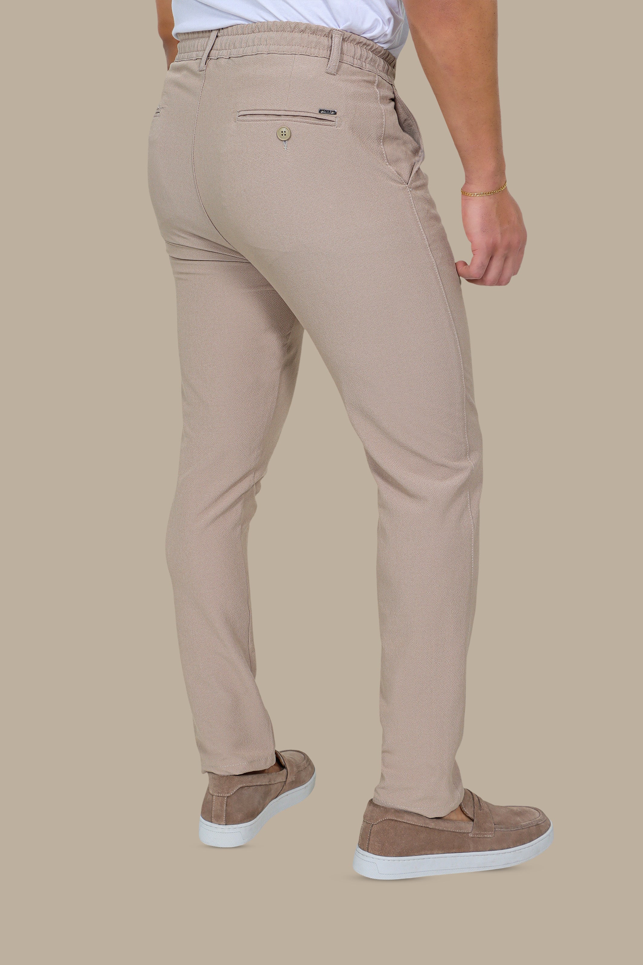 Effortless Style: Elastic Waist Slim Fit Trousers in Beige