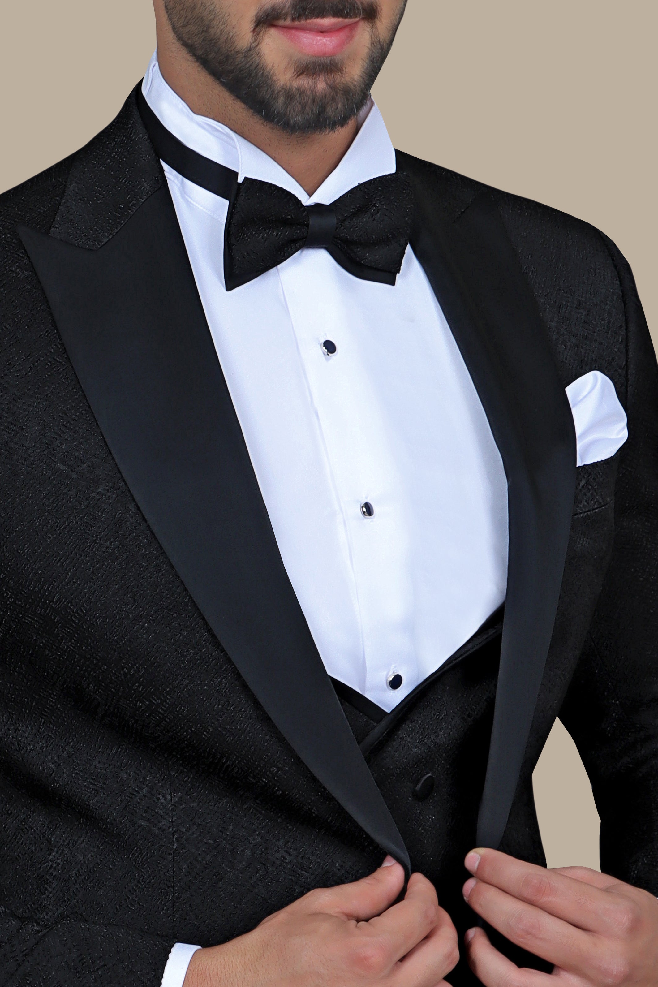 Starlight Elegance: 4-Piece Black Tuxedo Set with Shiny Peak Pattern