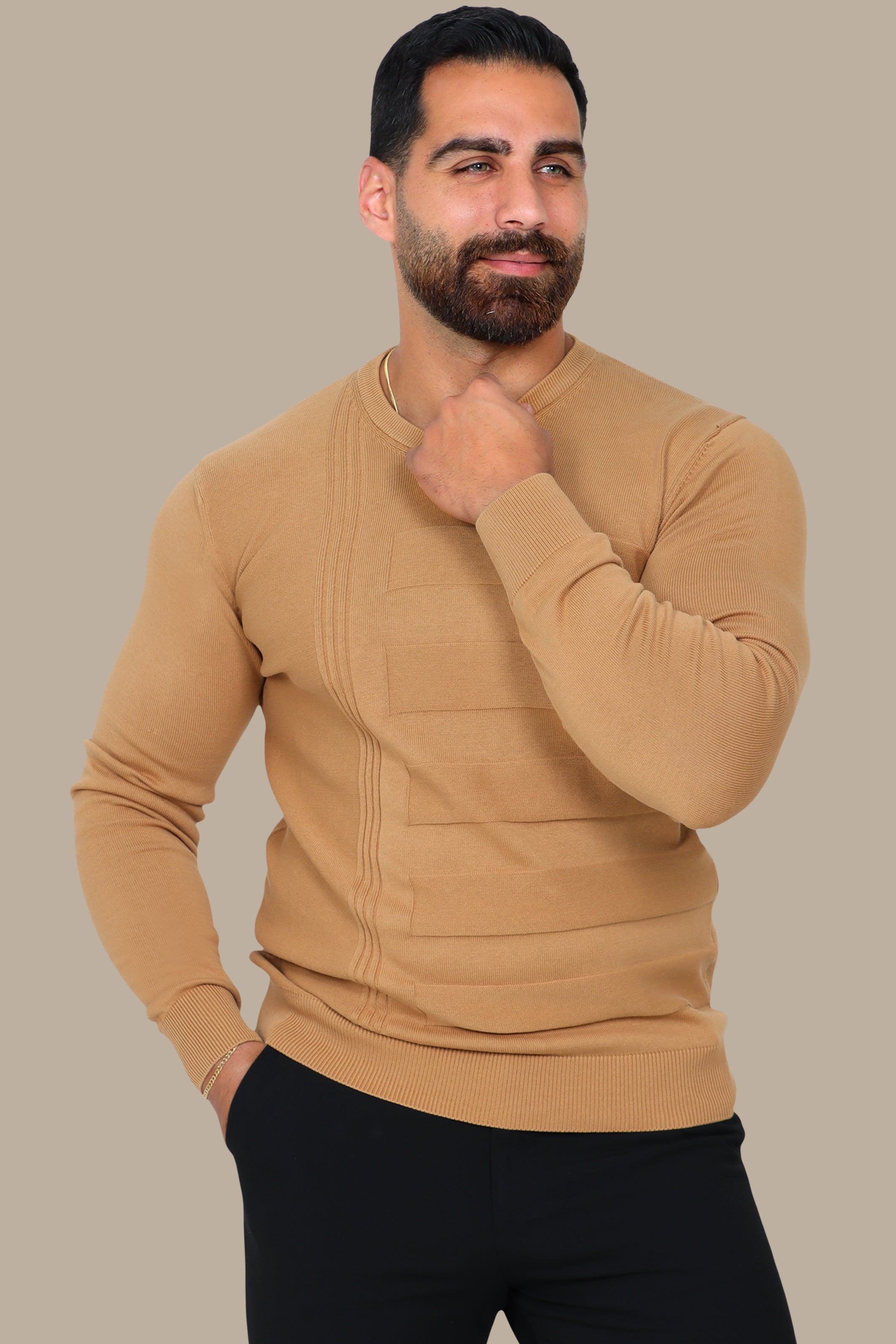 Camel Comfort: V-Neck Sweater Elegance