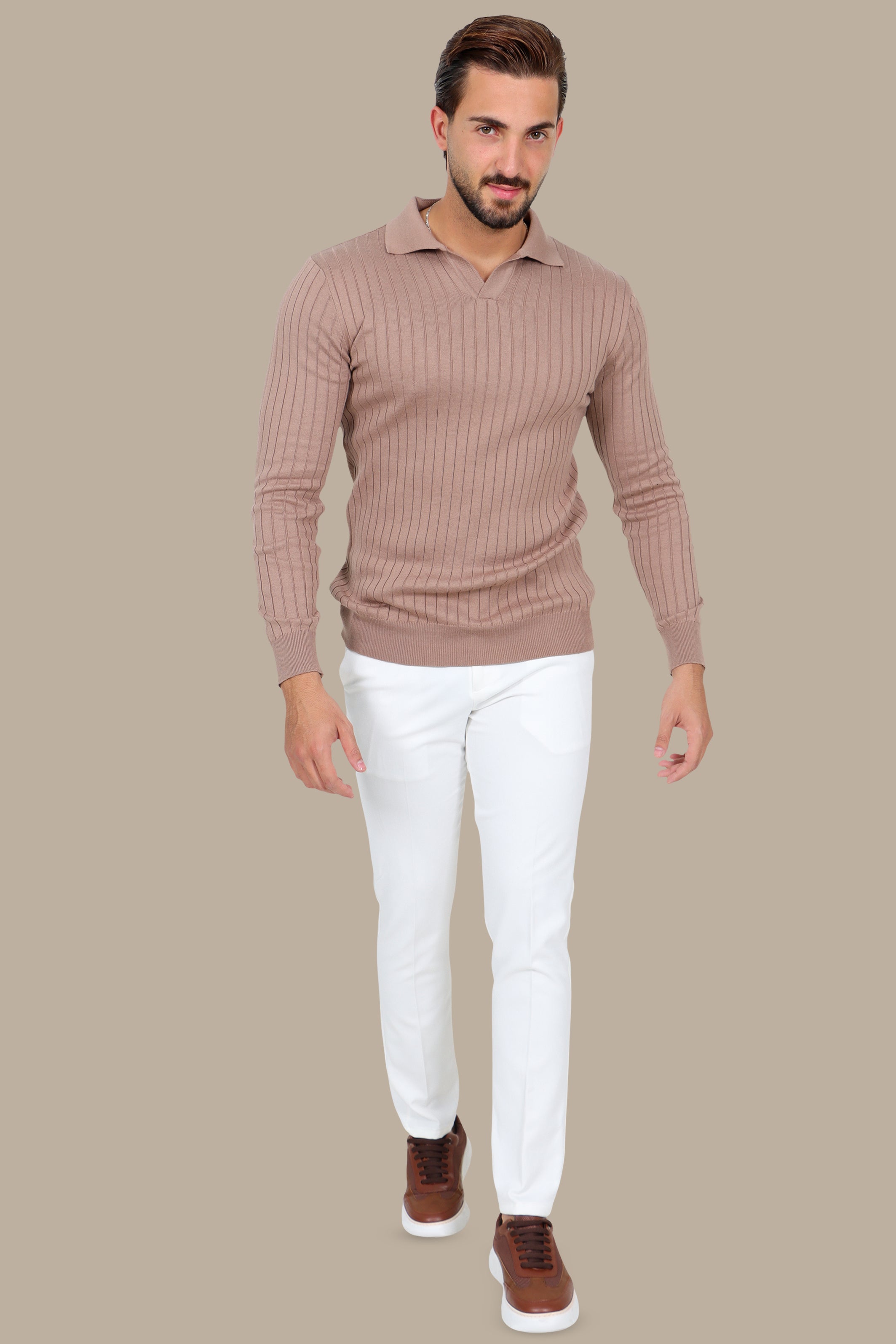 Light Brown Long-Sleeve Polo with Vertical Lines