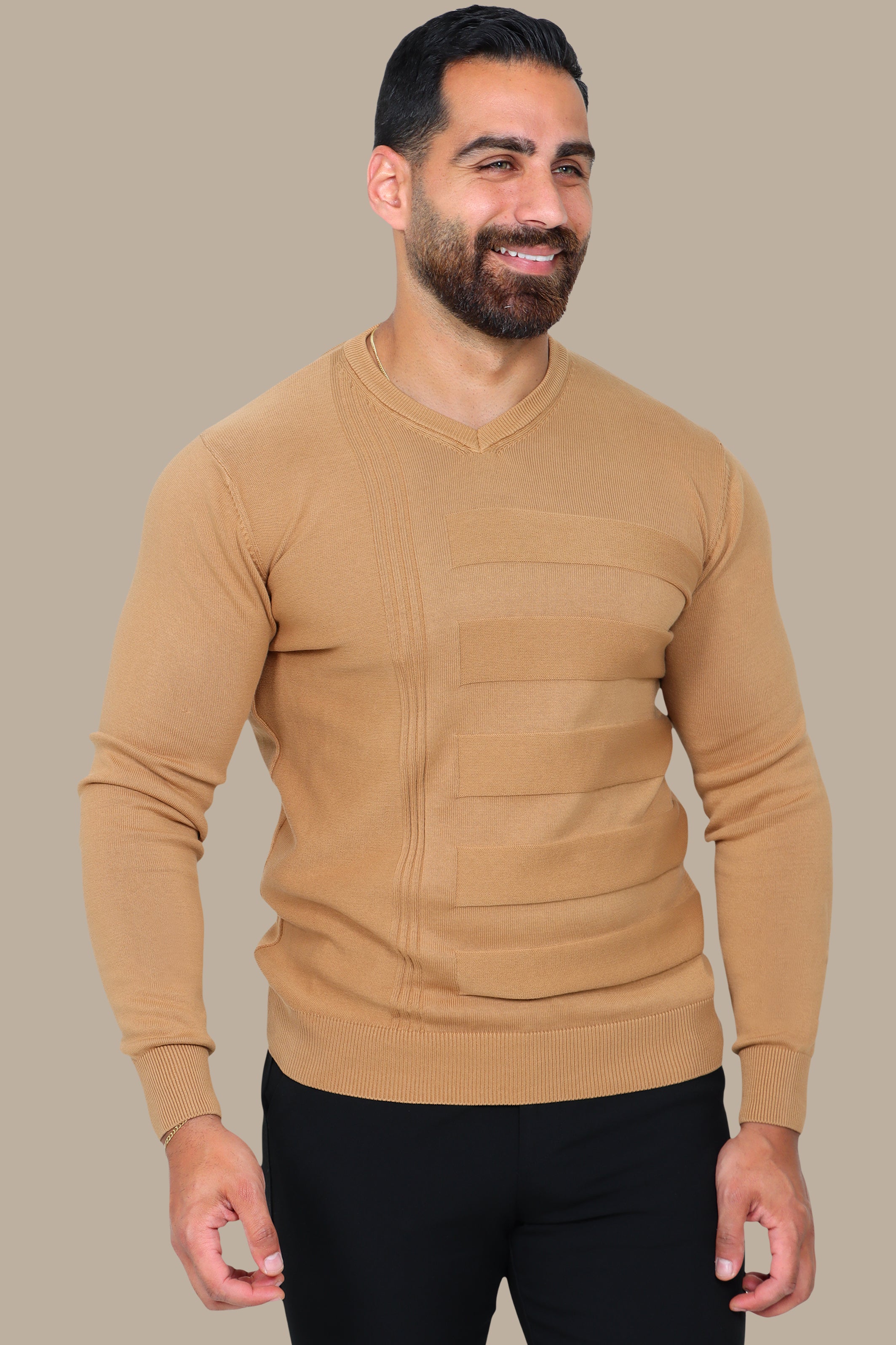 Camel Comfort: V-Neck Sweater Elegance