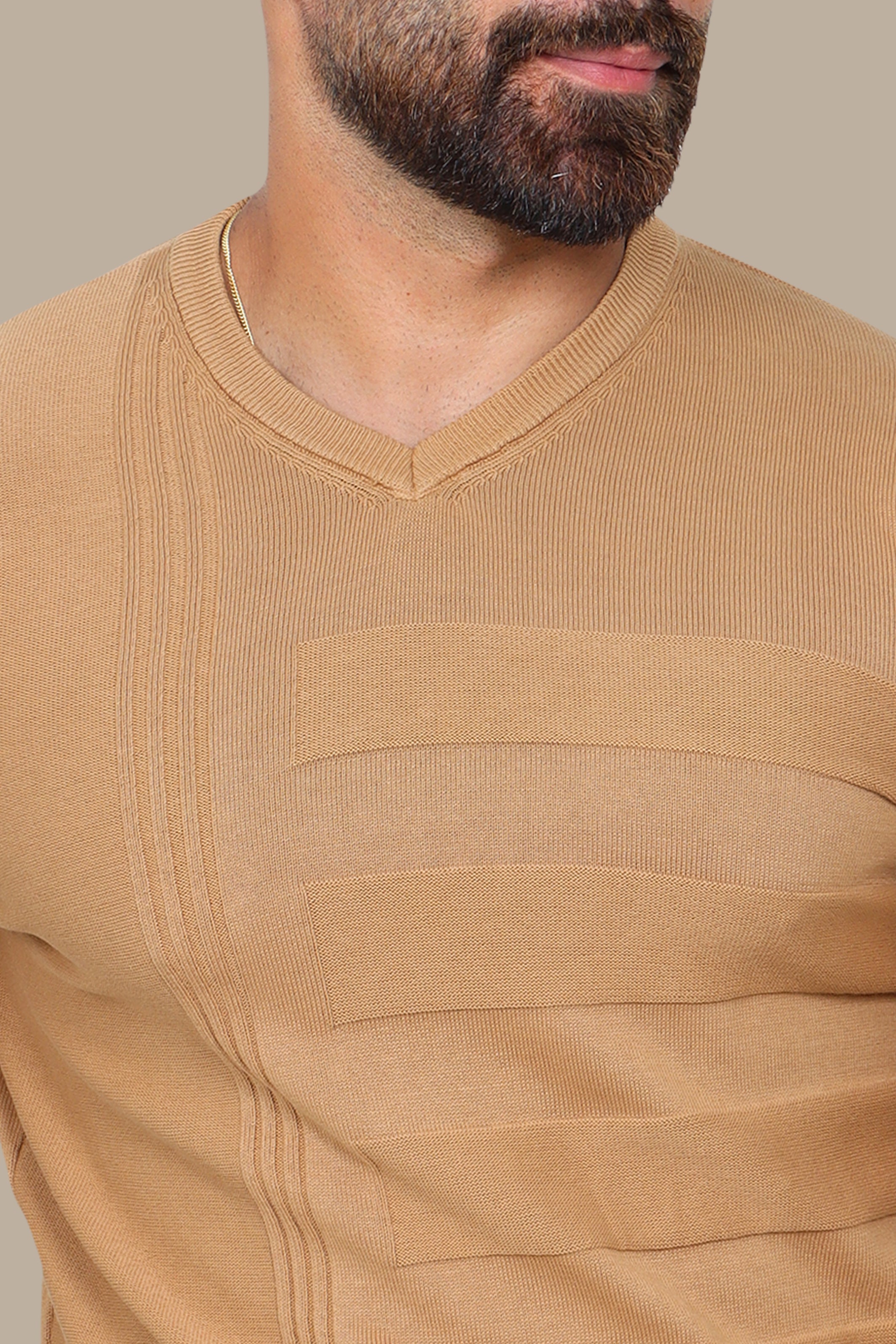 Camel Comfort: V-Neck Sweater Elegance