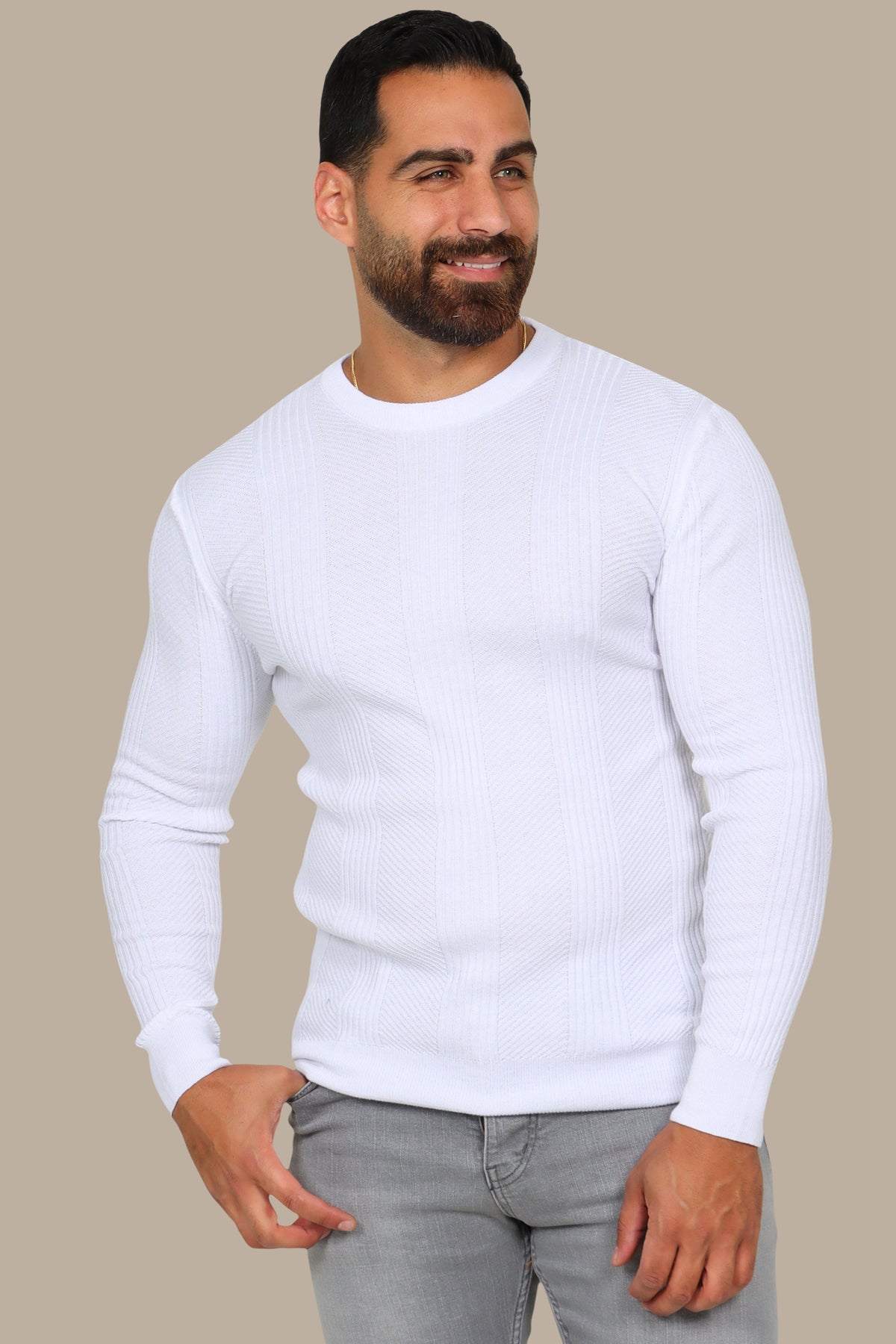 White Structured Sweater with 3 Wide Lines