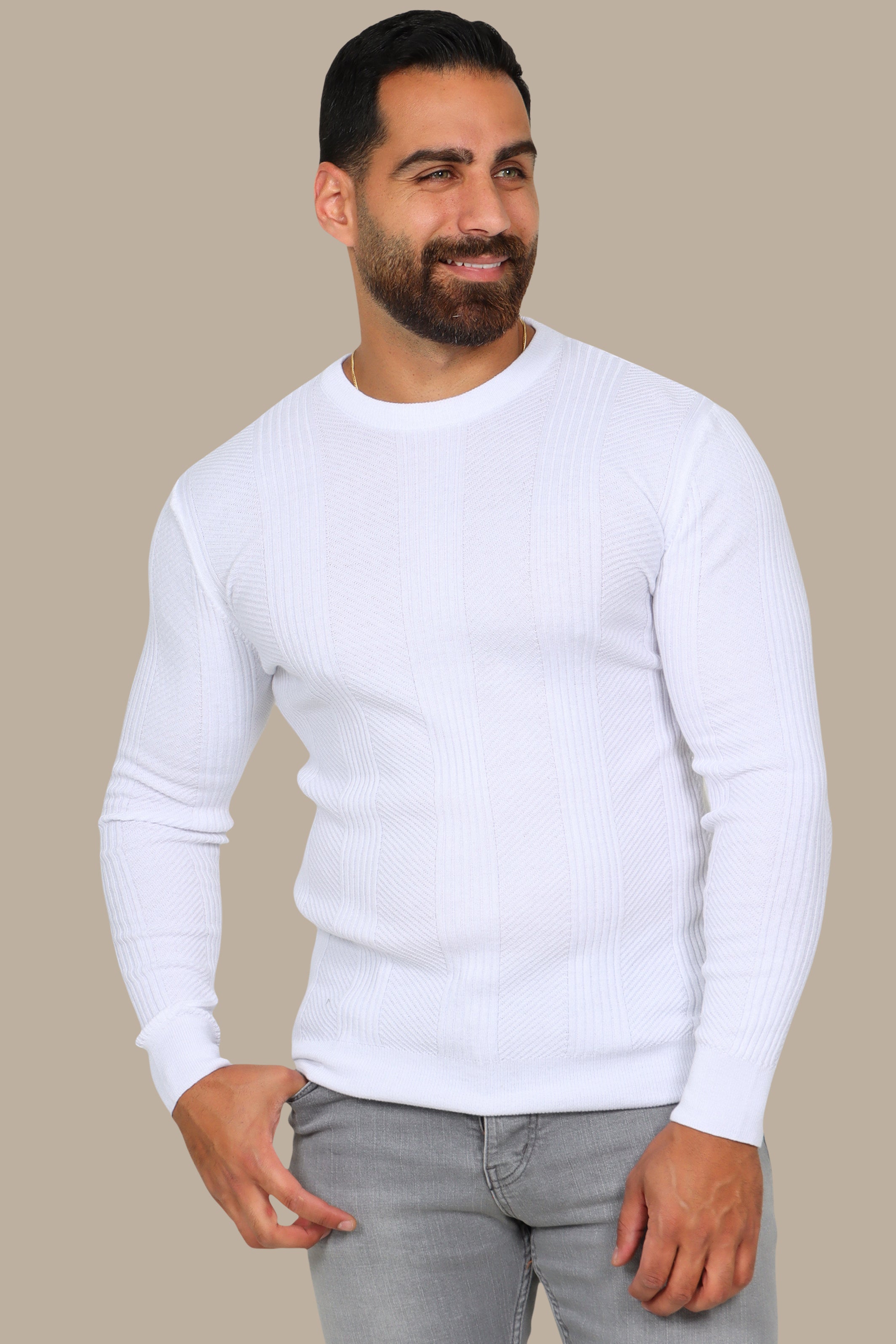 White Structured Sweater with 3 Wide Lines