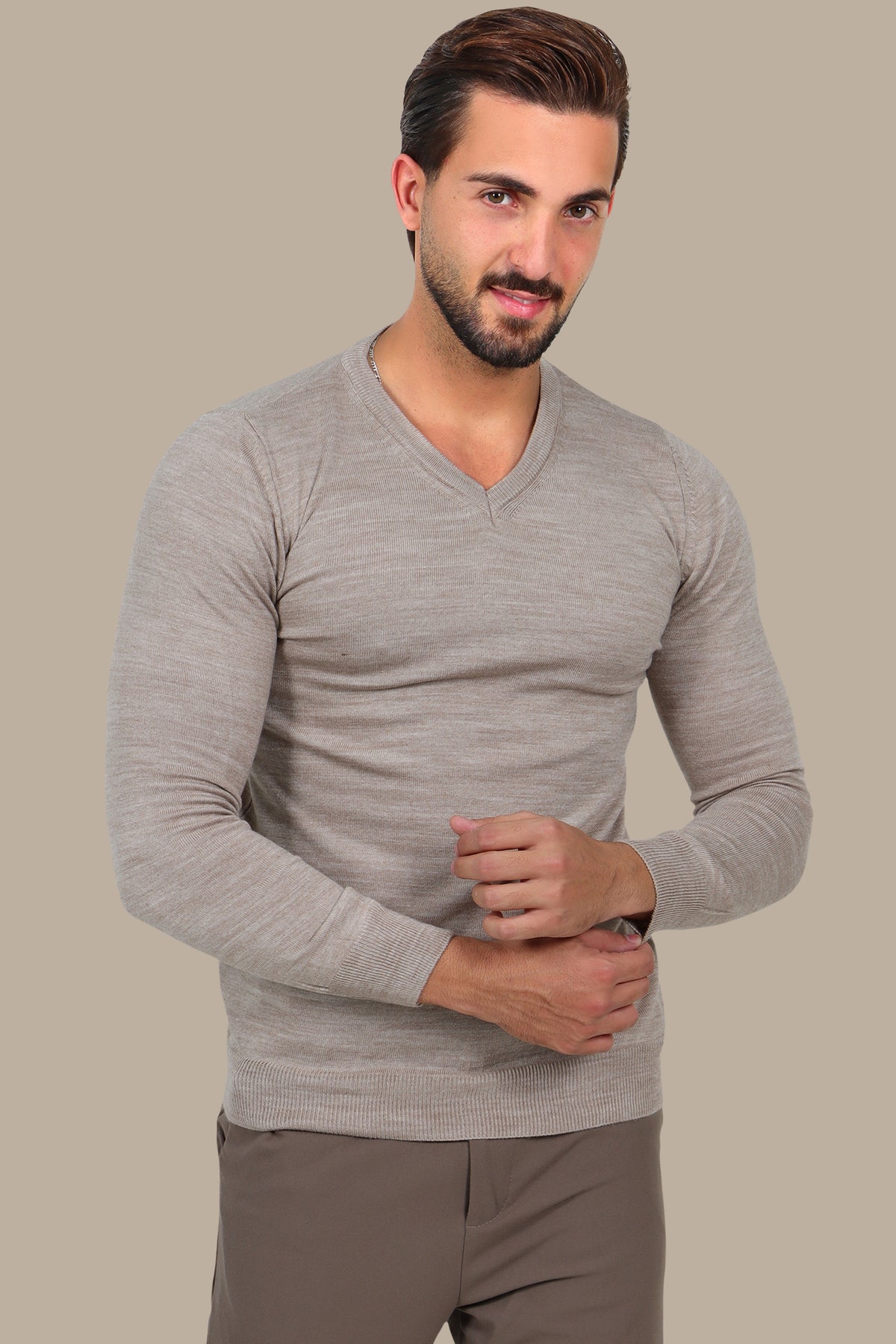 V Neck Sweater Basic Beige