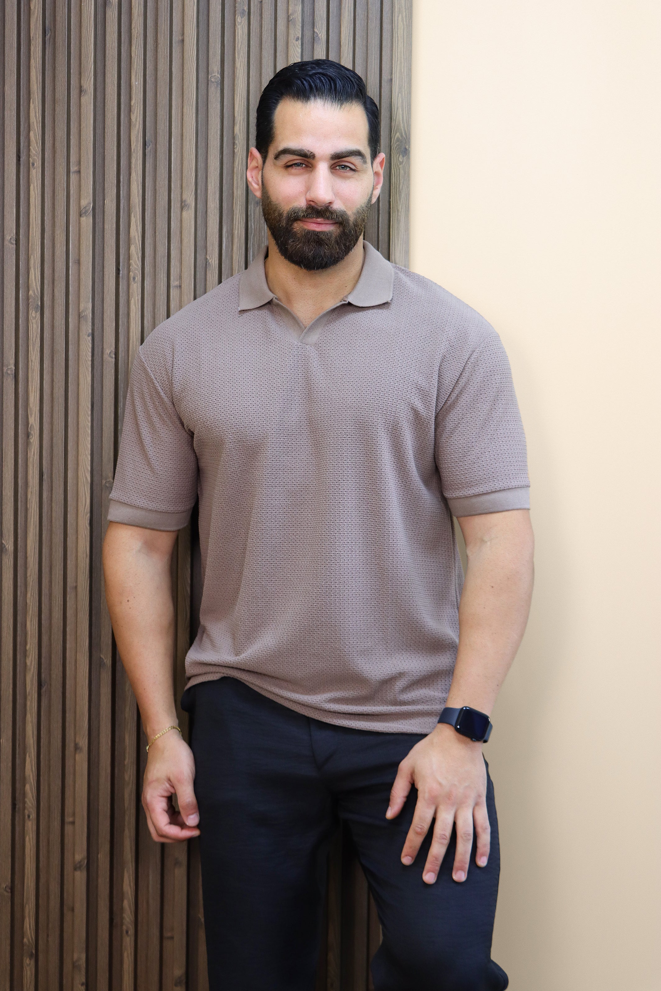 Mocha V-Neck Polo – Breathable Fabric