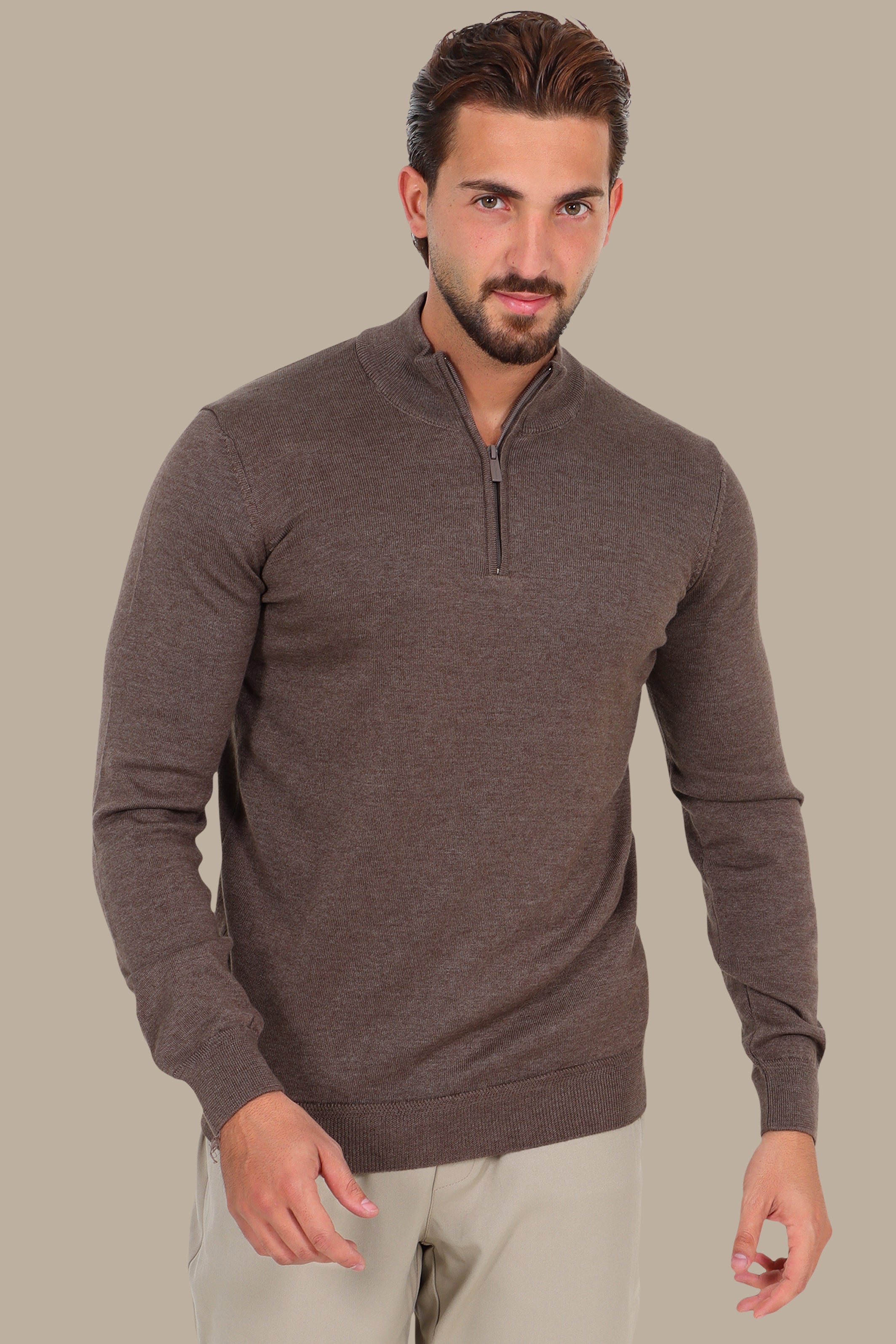 Half Zipper Cotton Sweater in Light Brown
