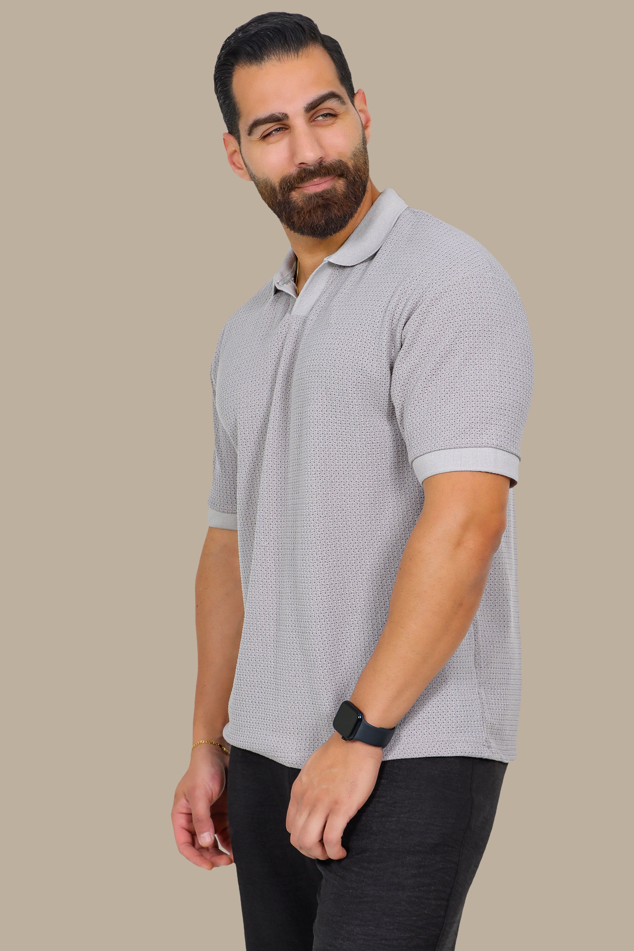 Light Grey V-Neck Polo – Breathable Fabric