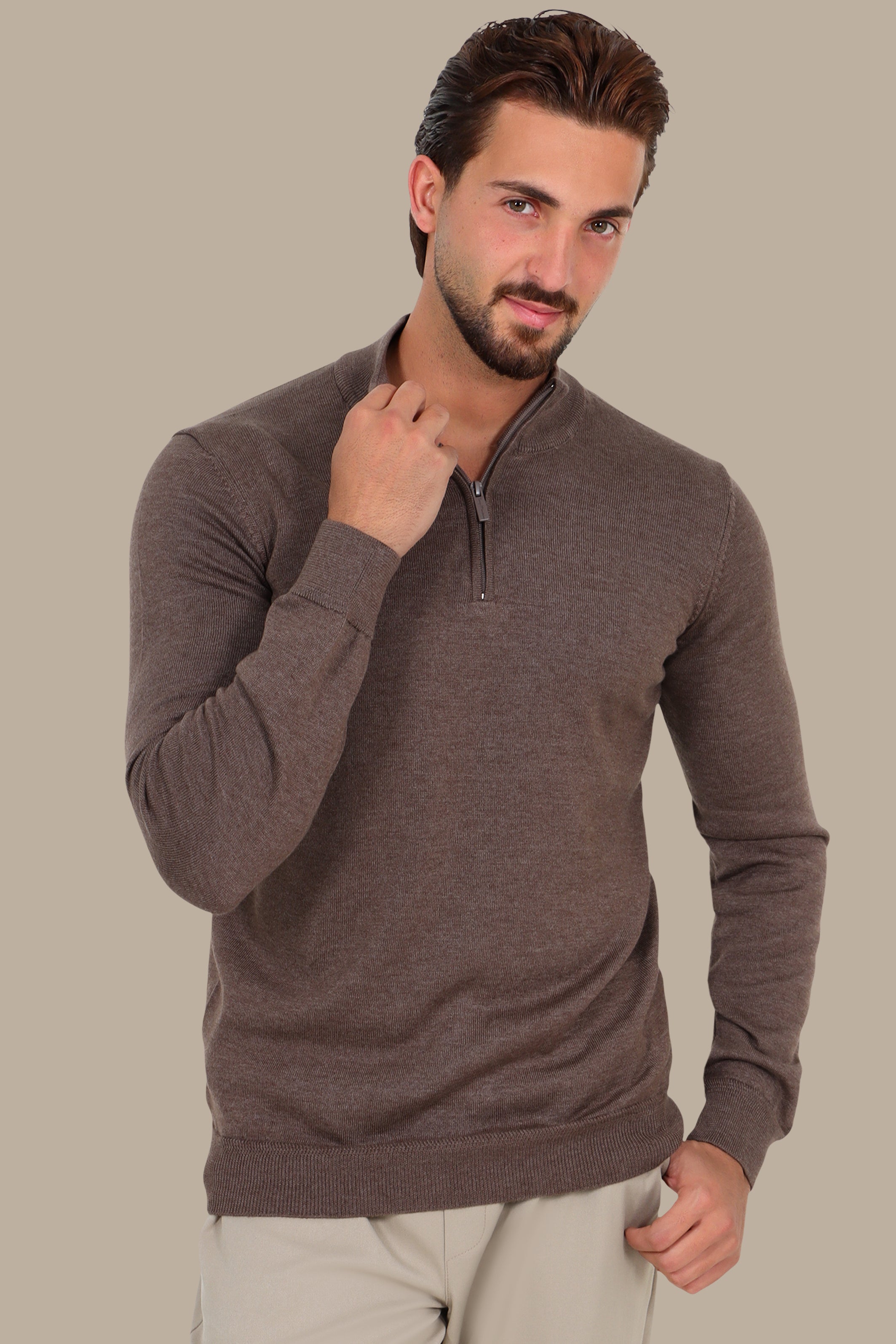 Half Zipper Cotton Sweater in Light Brown