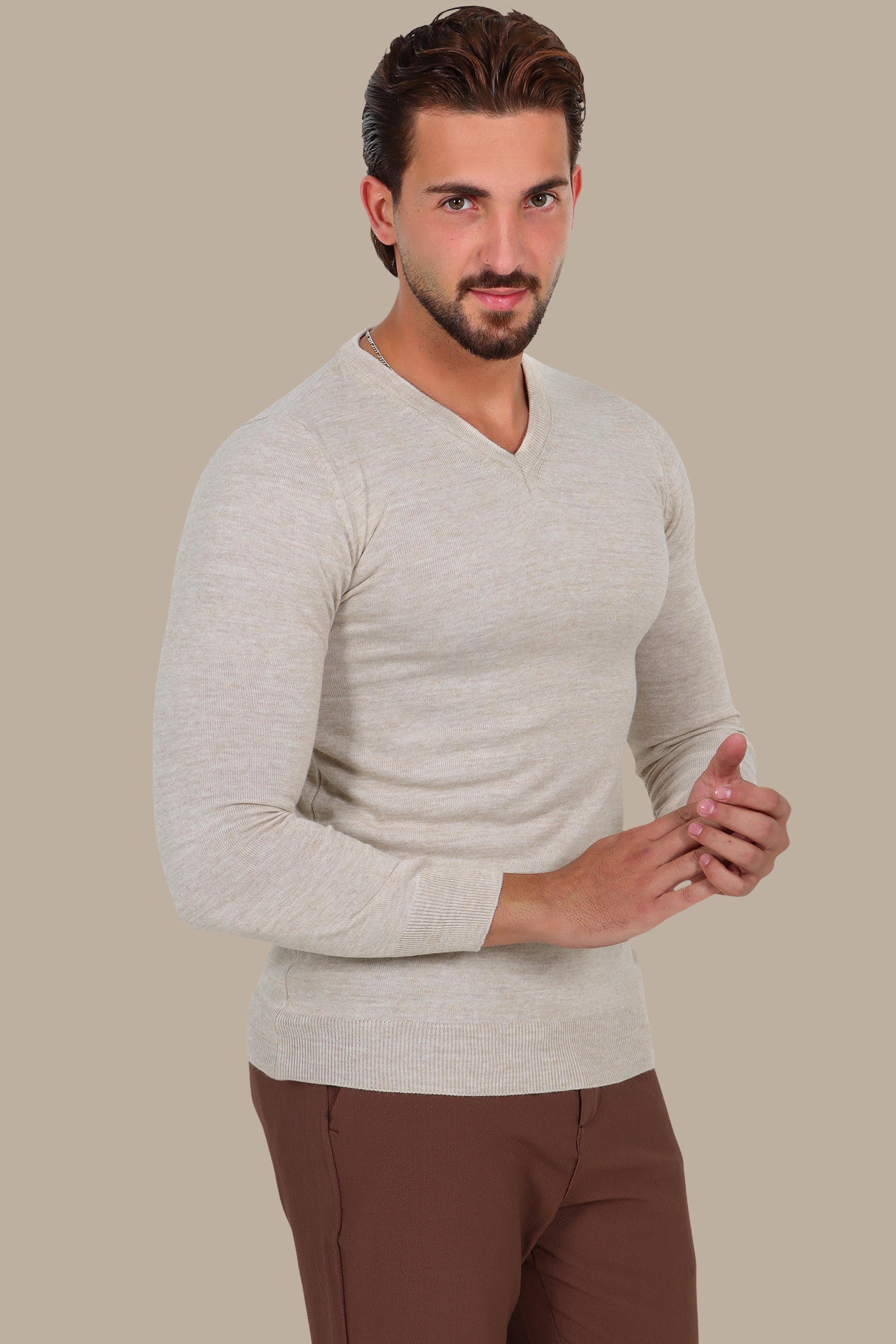 V-Neck Basic Sweater in Light Beige
