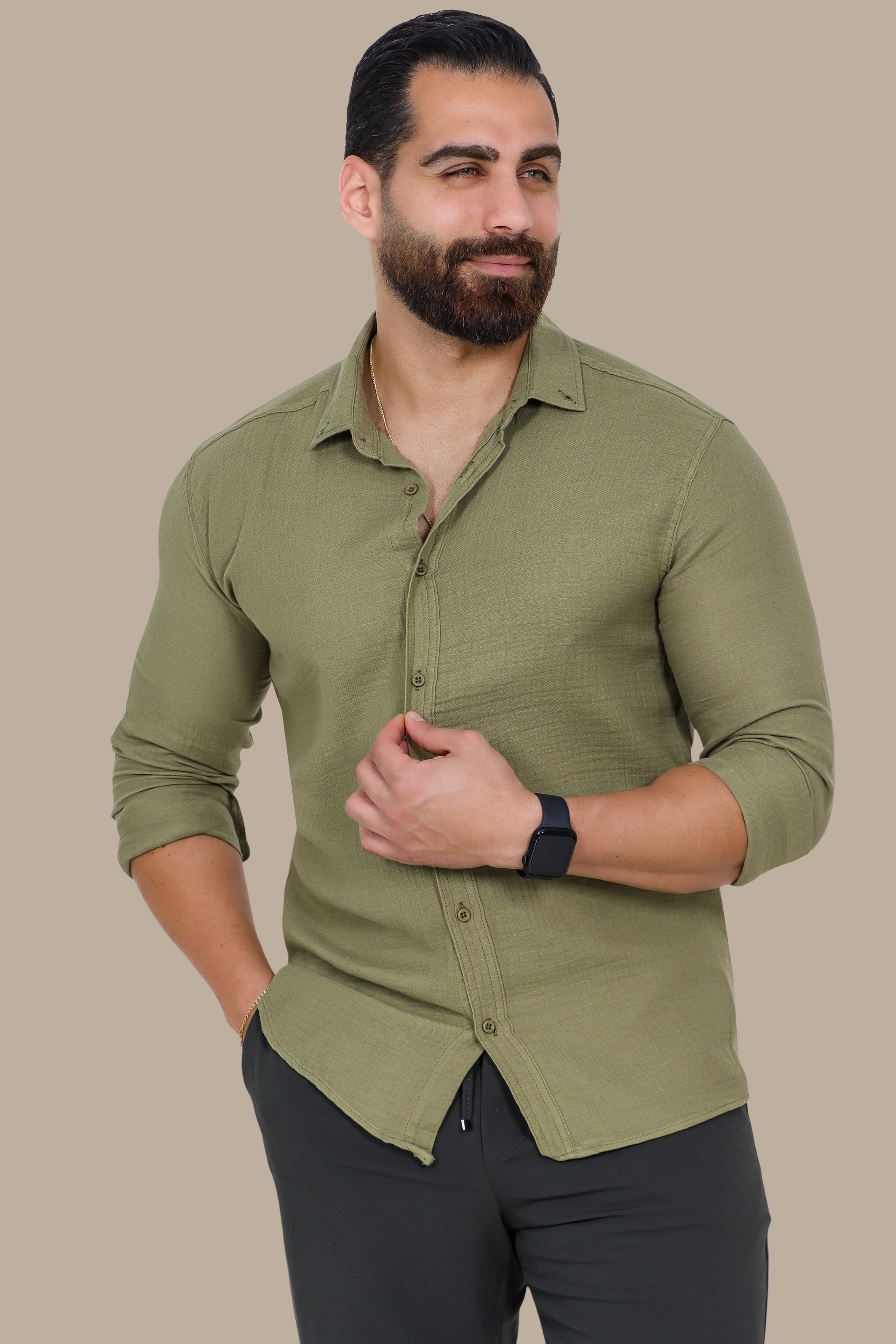 Timeless Ease: Long-Sleeve Linen Button-Down Shirt in Khaki