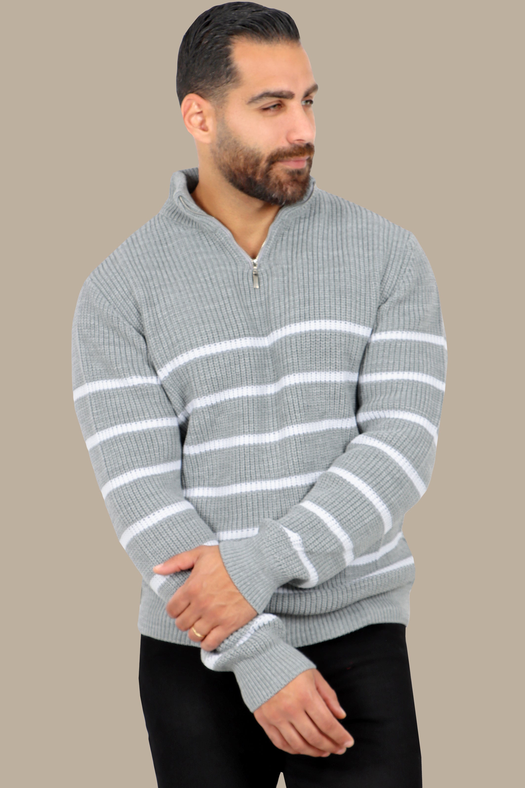 Grey Half-Zip Mercerized Sweater with Subtle Stripes