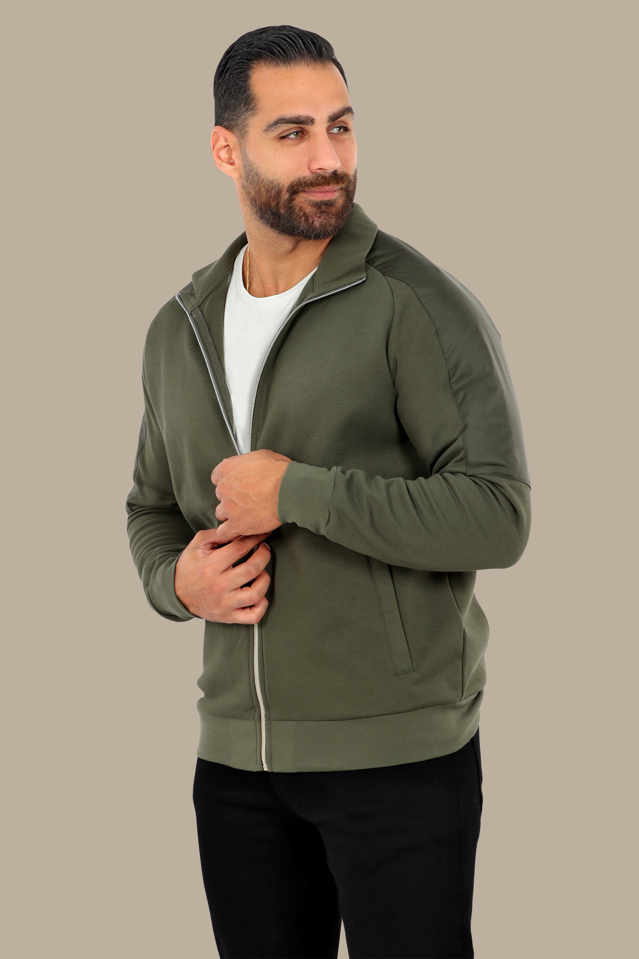 Khaki Full-Zip Cardigan with Mixed Shoulder Fabric