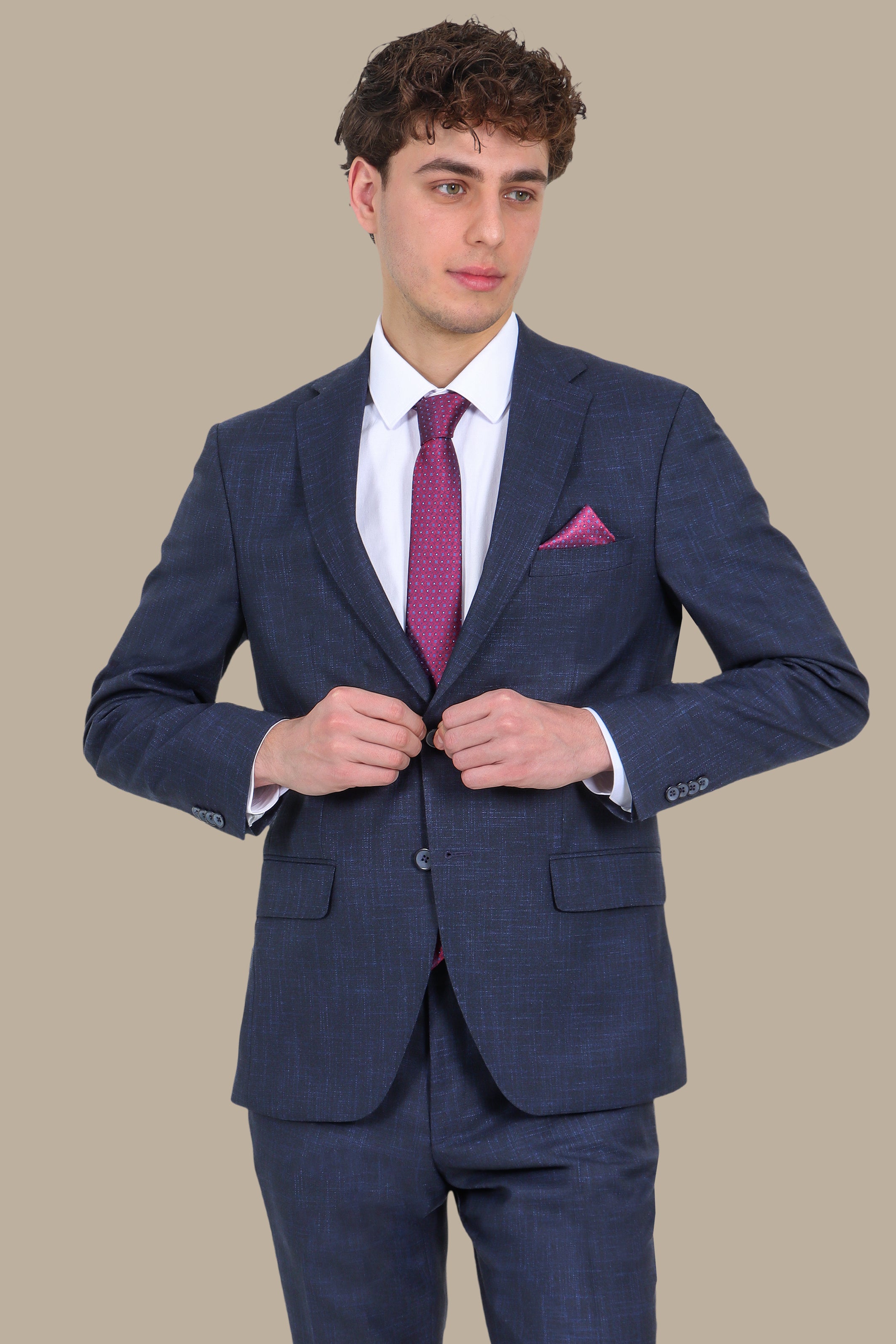 Fil A Fil Suit Notch Lapel 2 Pieces Dark Navy
