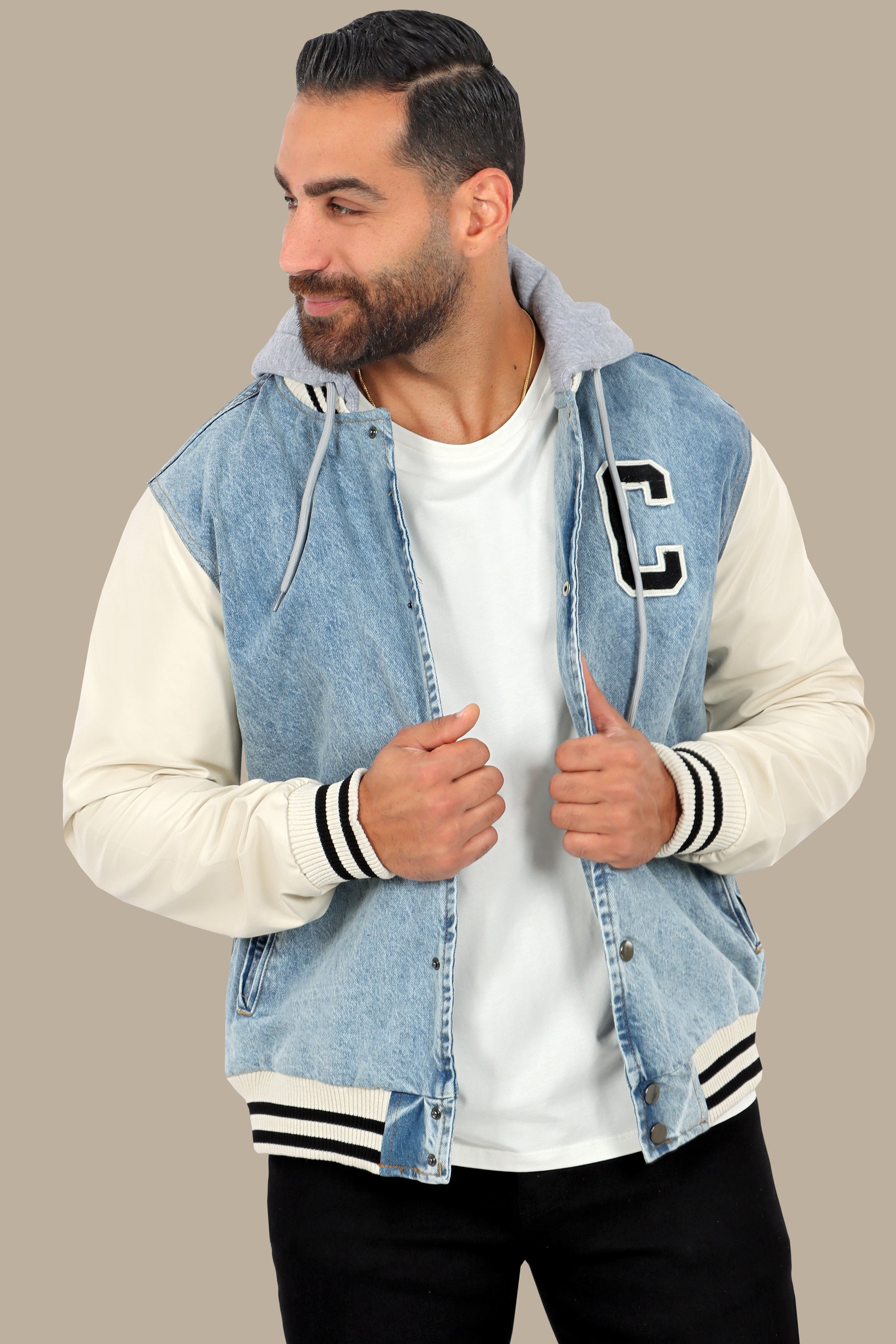 Light Blue Denim Jacket with Beige Leather Sleeves