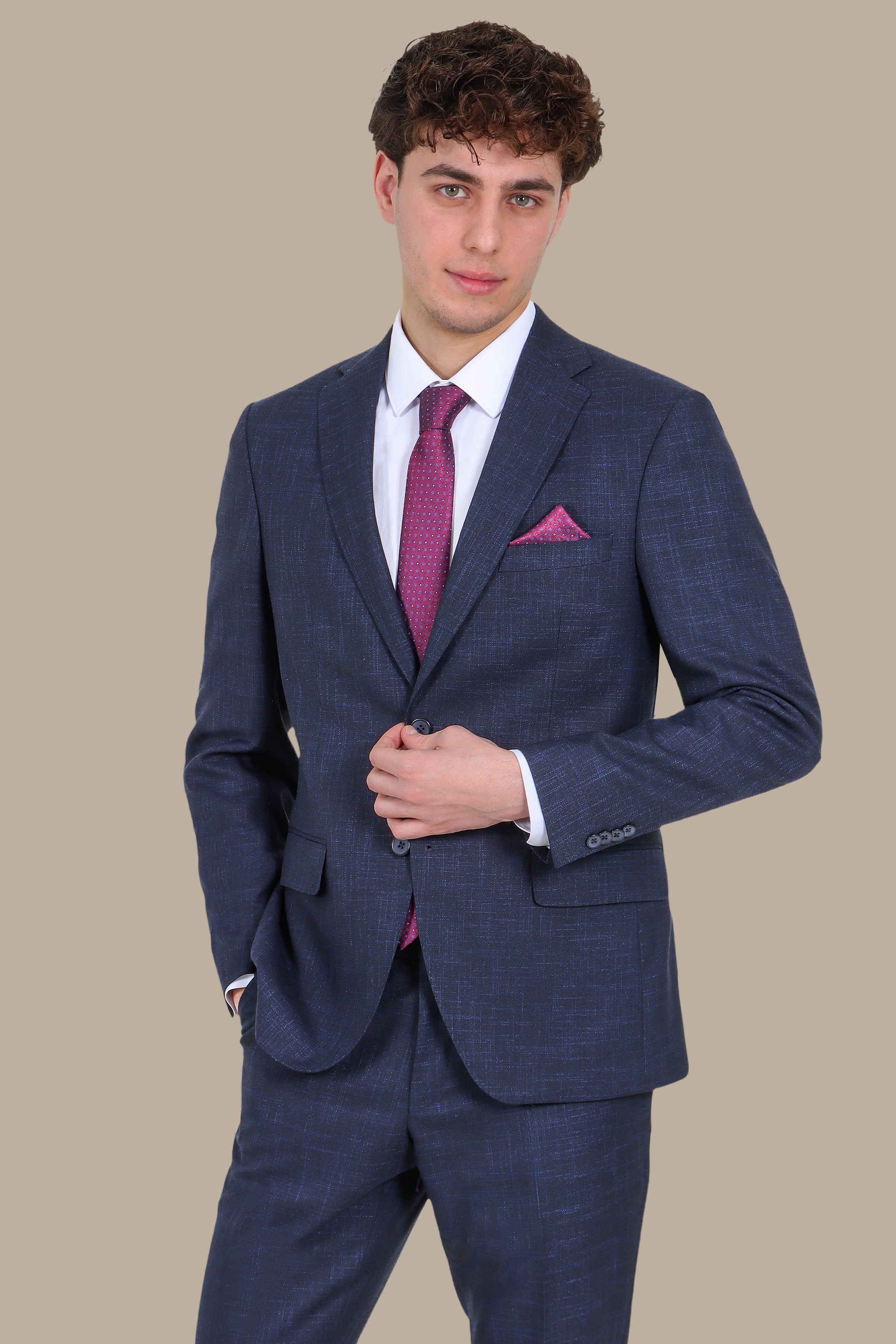 Fil A Fil Suit Notch Lapel 2 Pieces Dark Navy