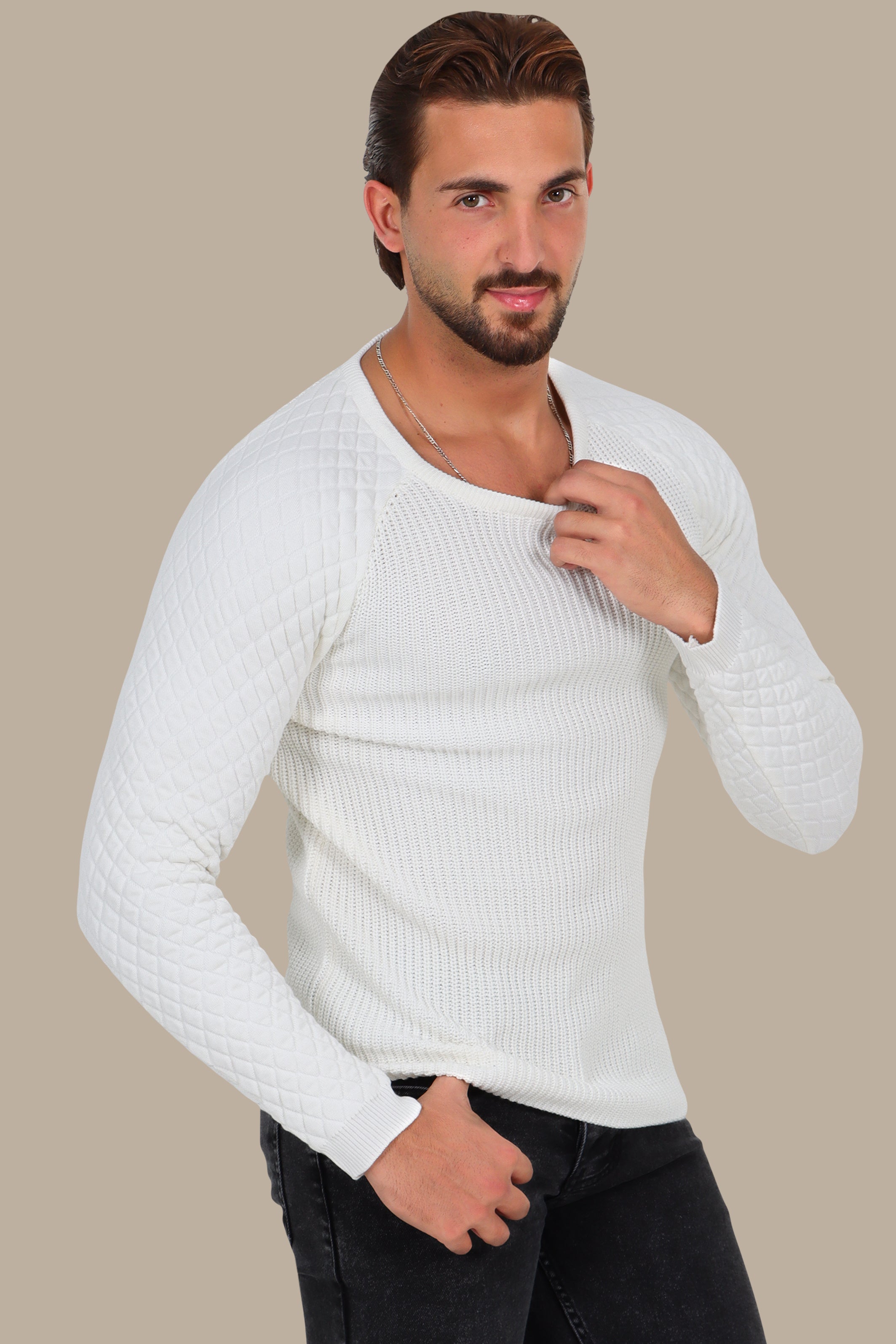 White Mercerized Sweater with Lozenge Shoulder Pattern