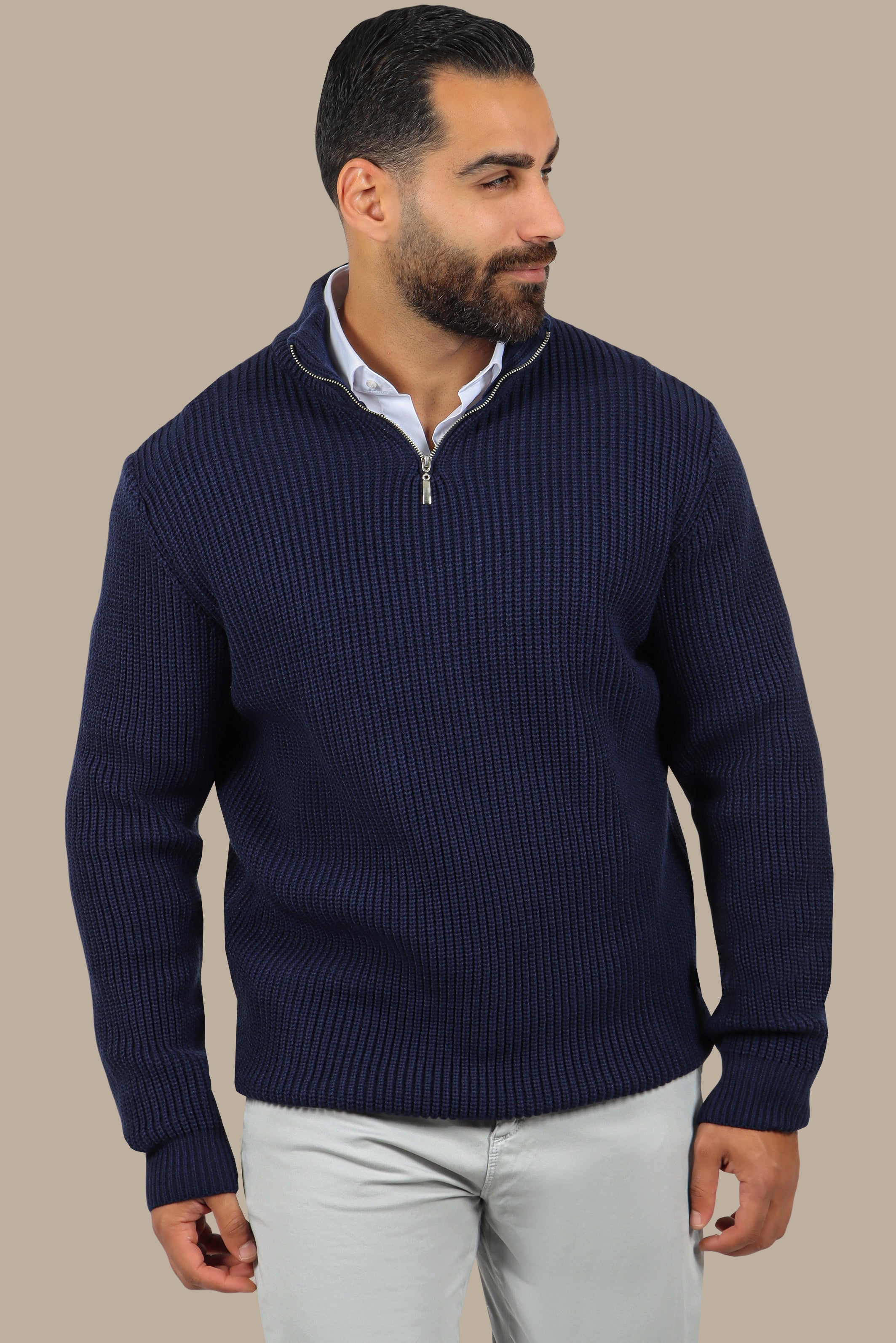 Navy Half-Zipper Plain Mercerized Sweater