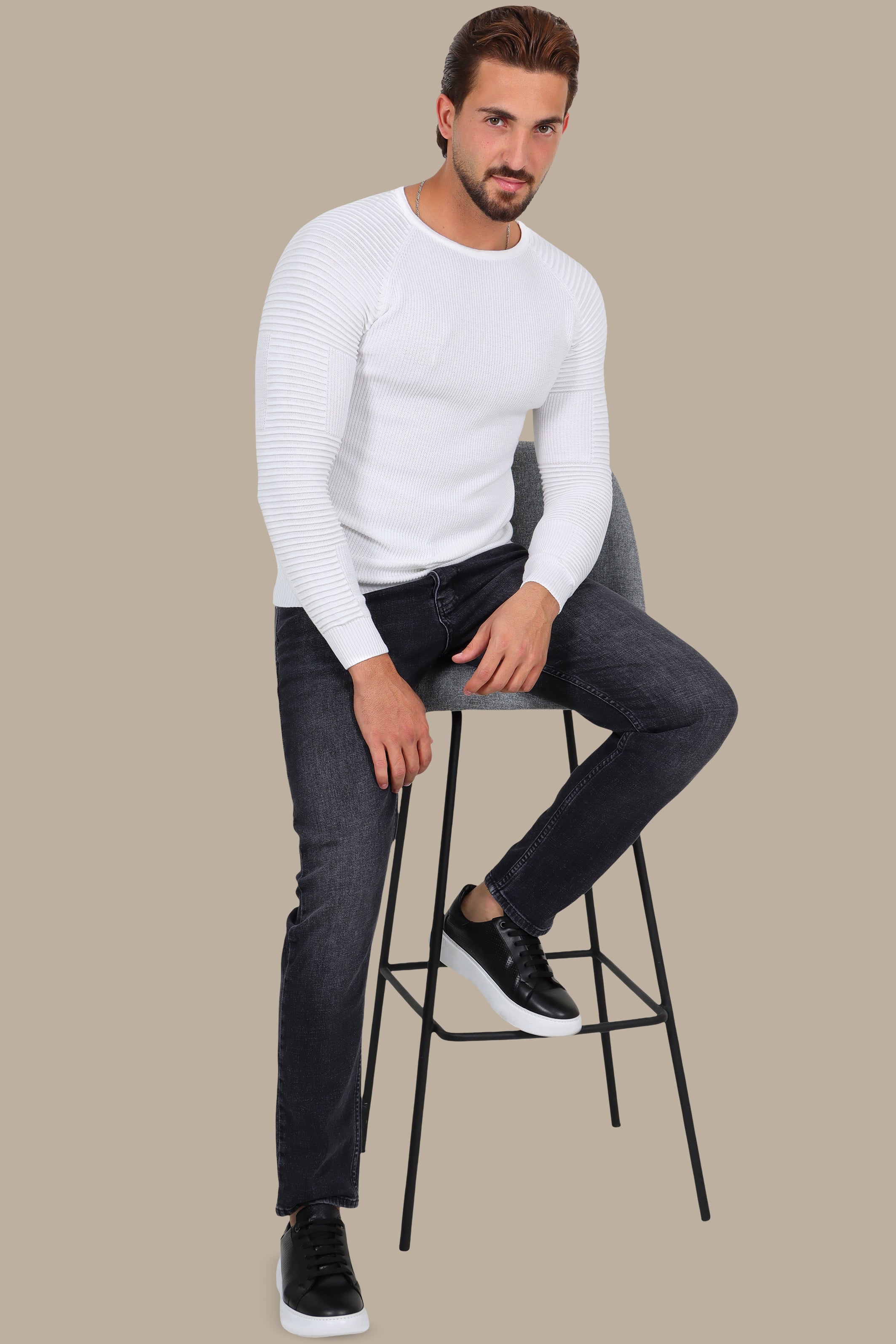 Mercerized Sweater Ribbed Shoulder White