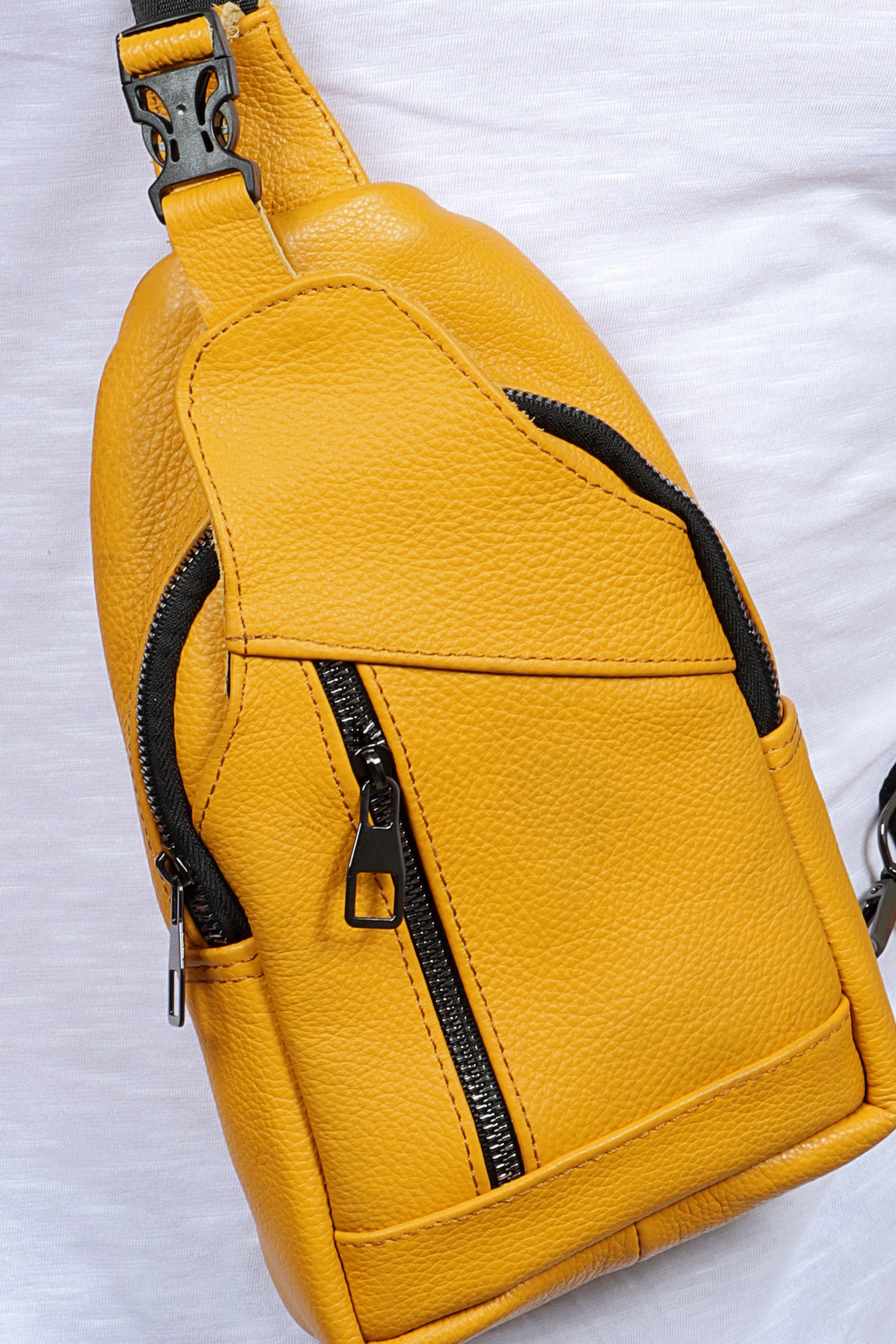 Chic Yellow Leather Crossbody Bag with Curved Sides