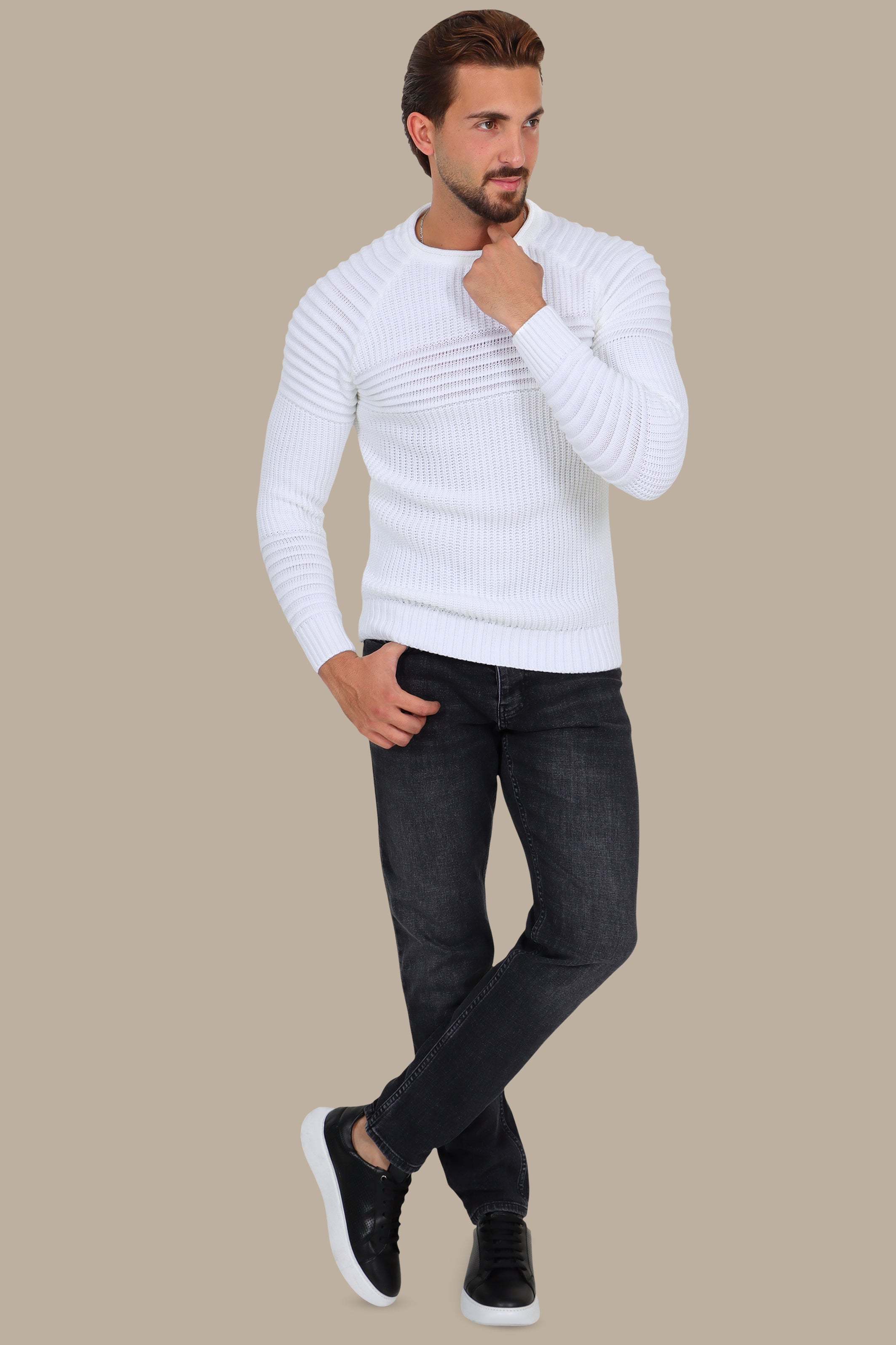 Mercerized Ribbed Sweater with Mid Line in White