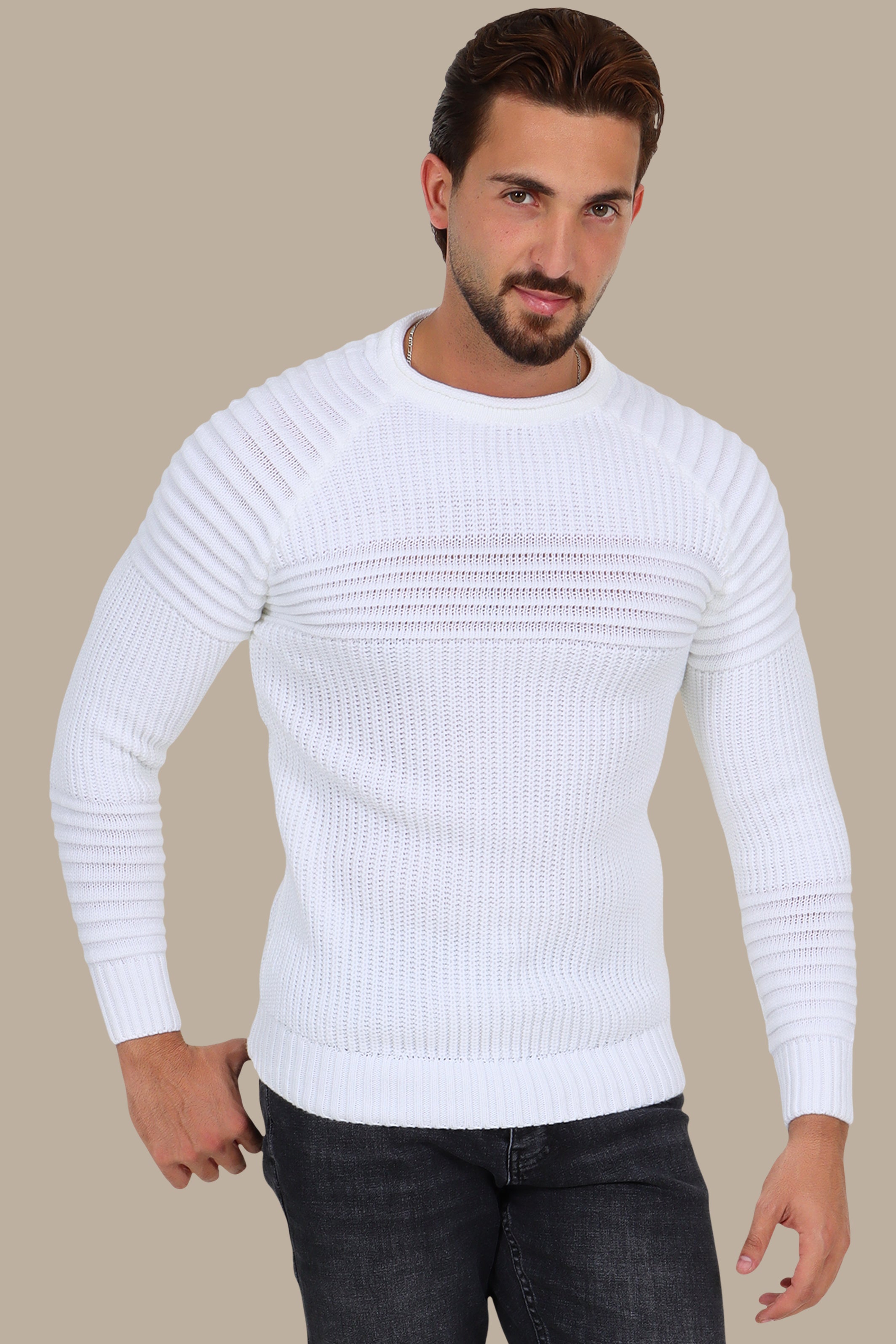 Mercerized Ribbed Sweater with Mid Line in White