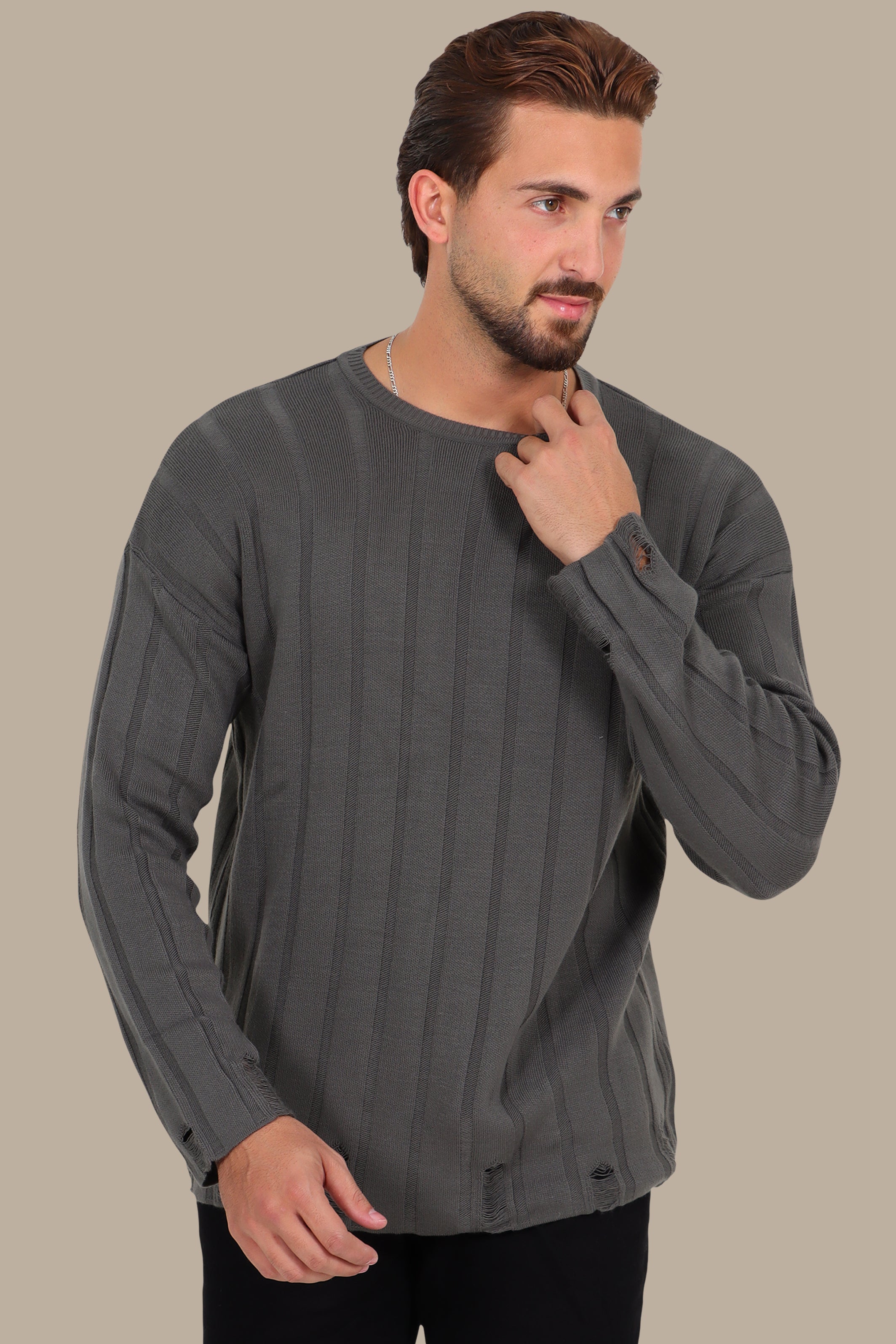 Round Neck Sweater Wide Ribbed Destroyed Khaki
