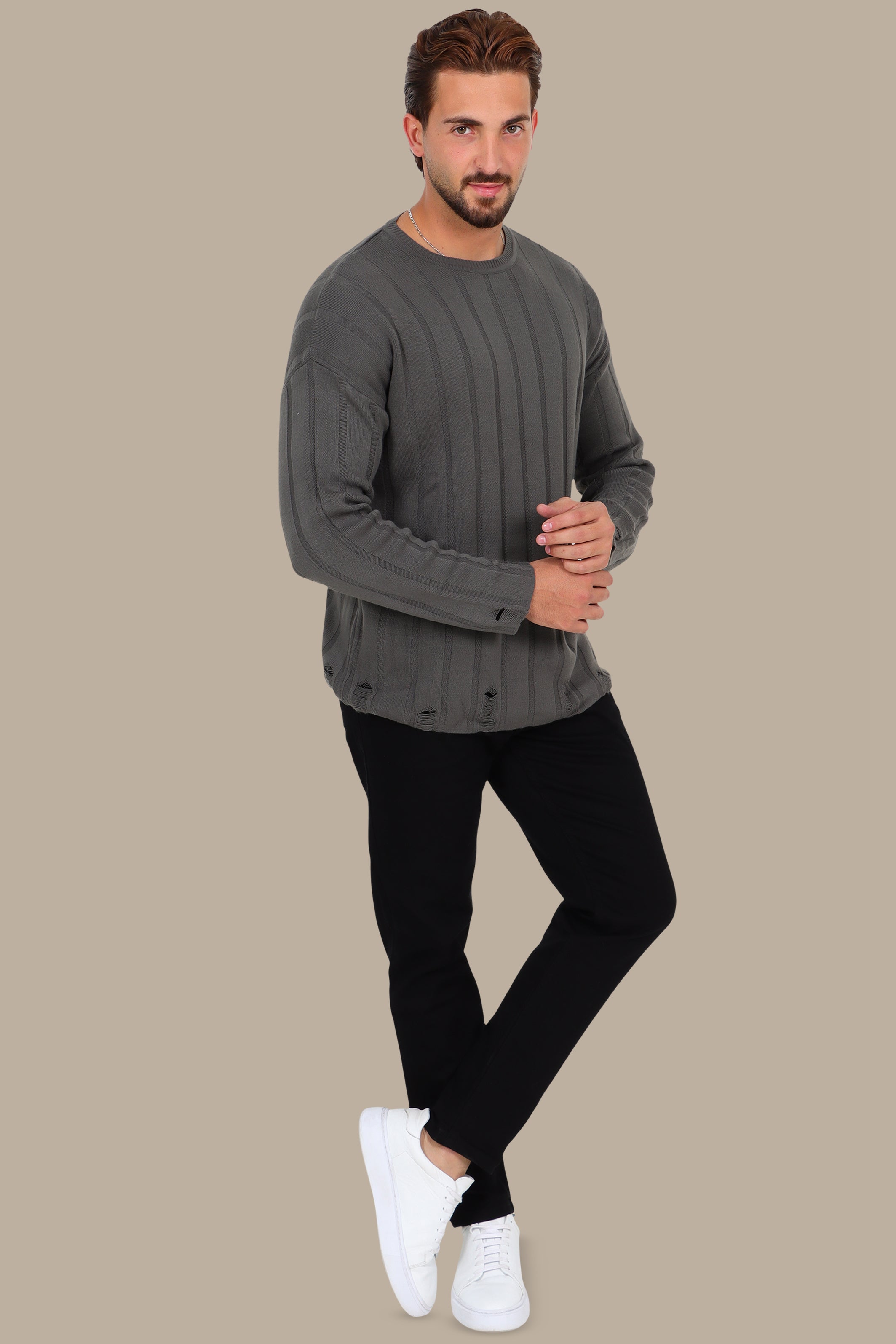 Round Neck Sweater Wide Ribbed Destroyed Khaki