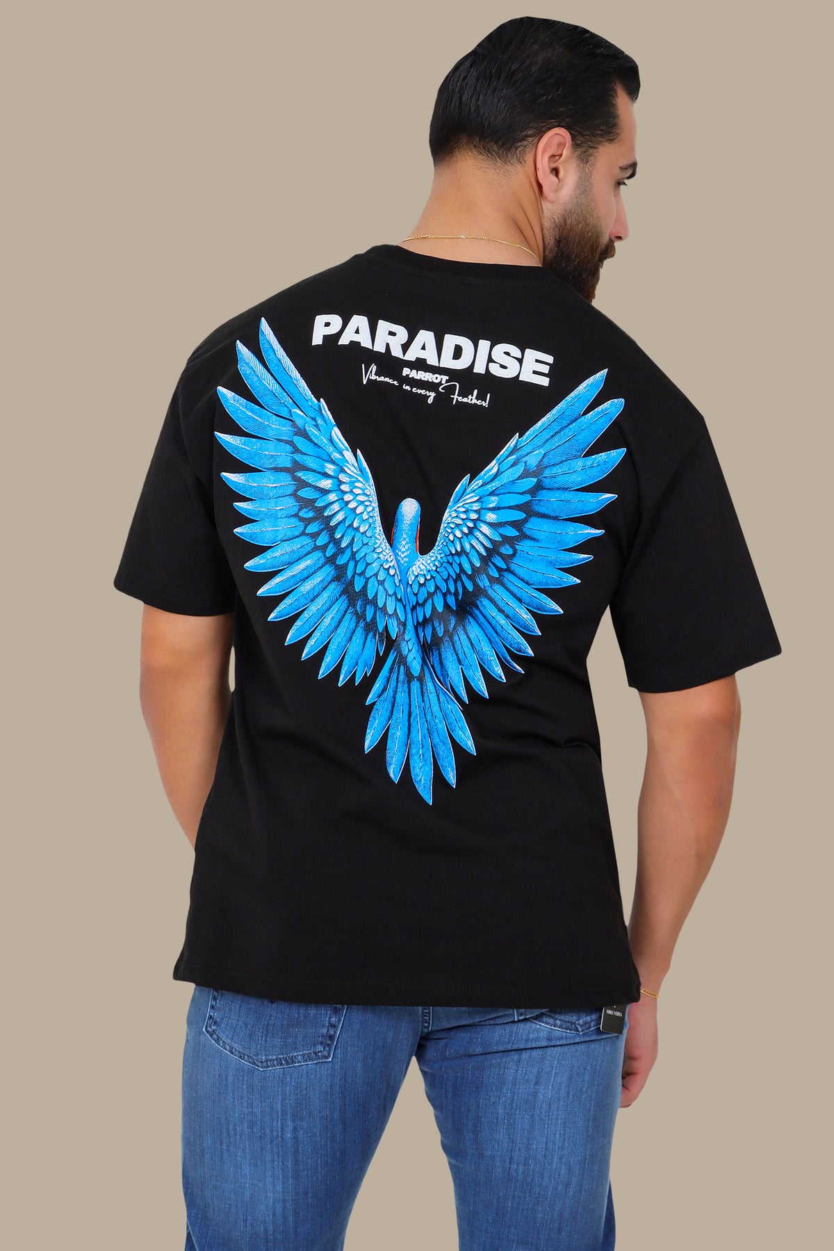 Oversized T-Shirt with Blue Parrot Paradise Print