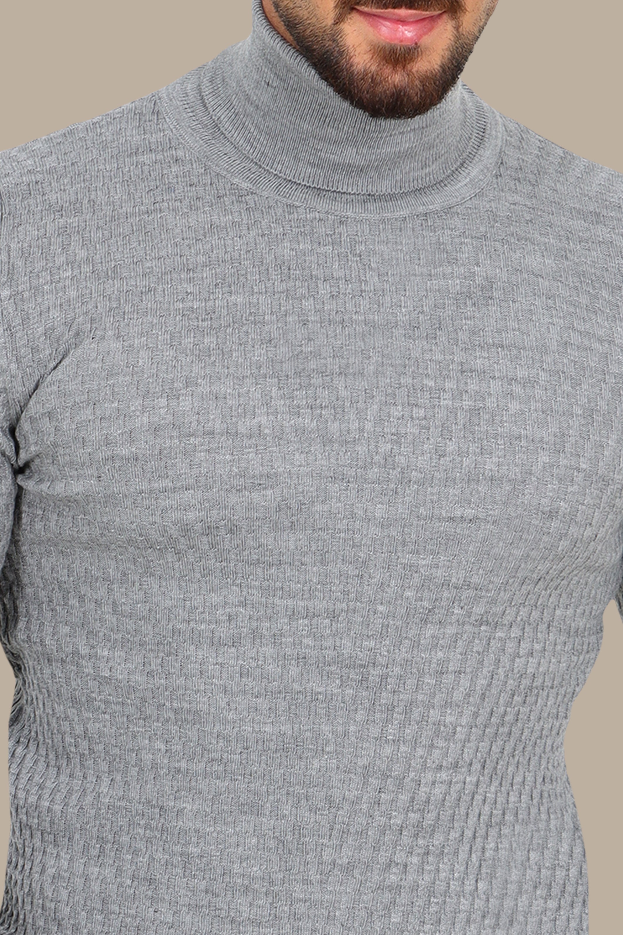 V-Cut Turtleneck Dogtooth Pattern Light Grey