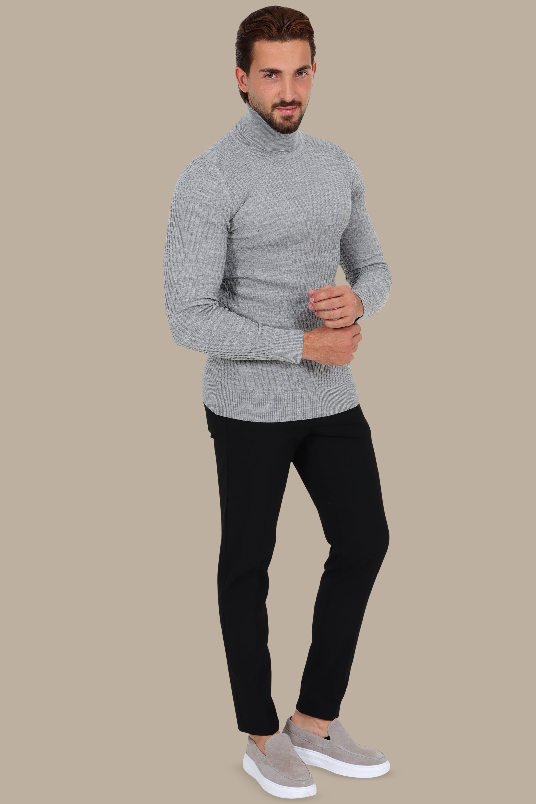 V-Cut Turtleneck Dogtooth Pattern Light Grey