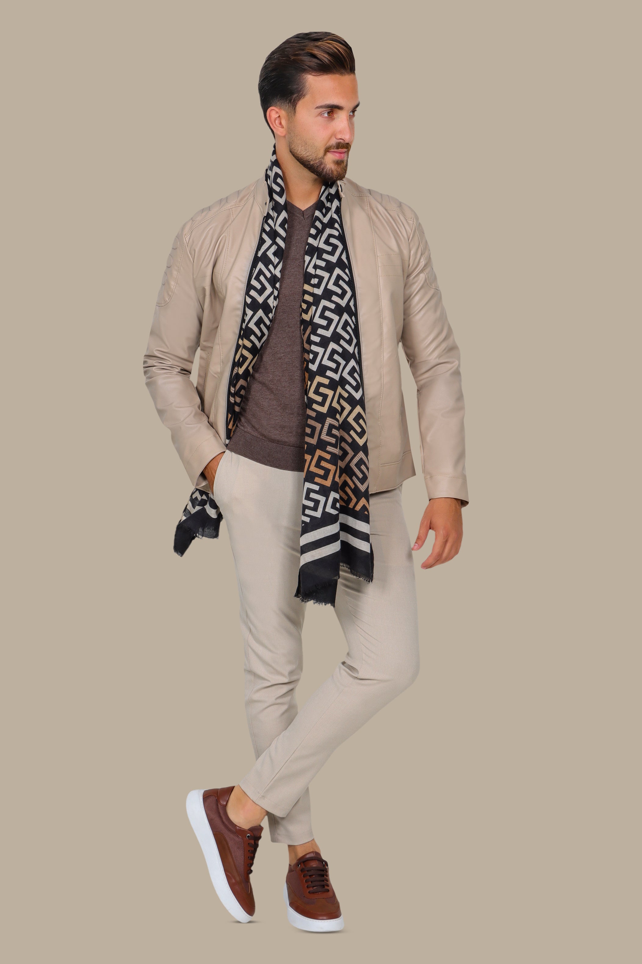 Beige Chic: Faux Leather Biker Jacket with Mao Collar