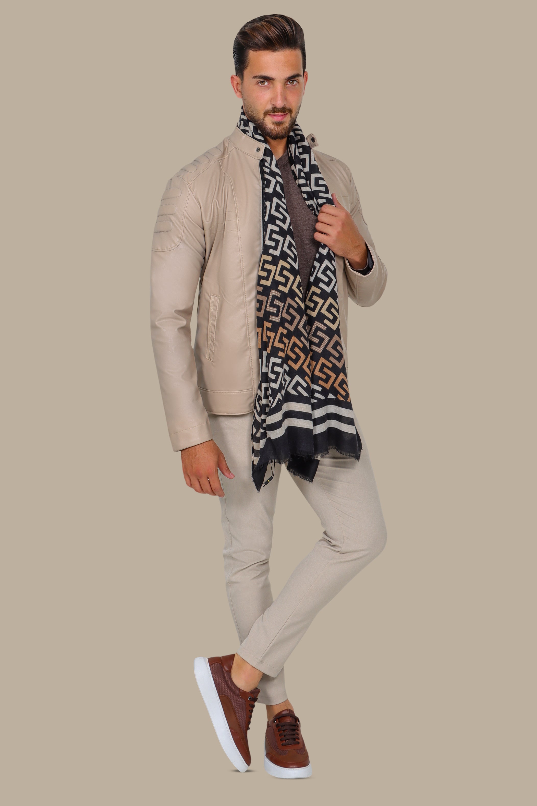 Beige Chic: Faux Leather Biker Jacket with Mao Collar