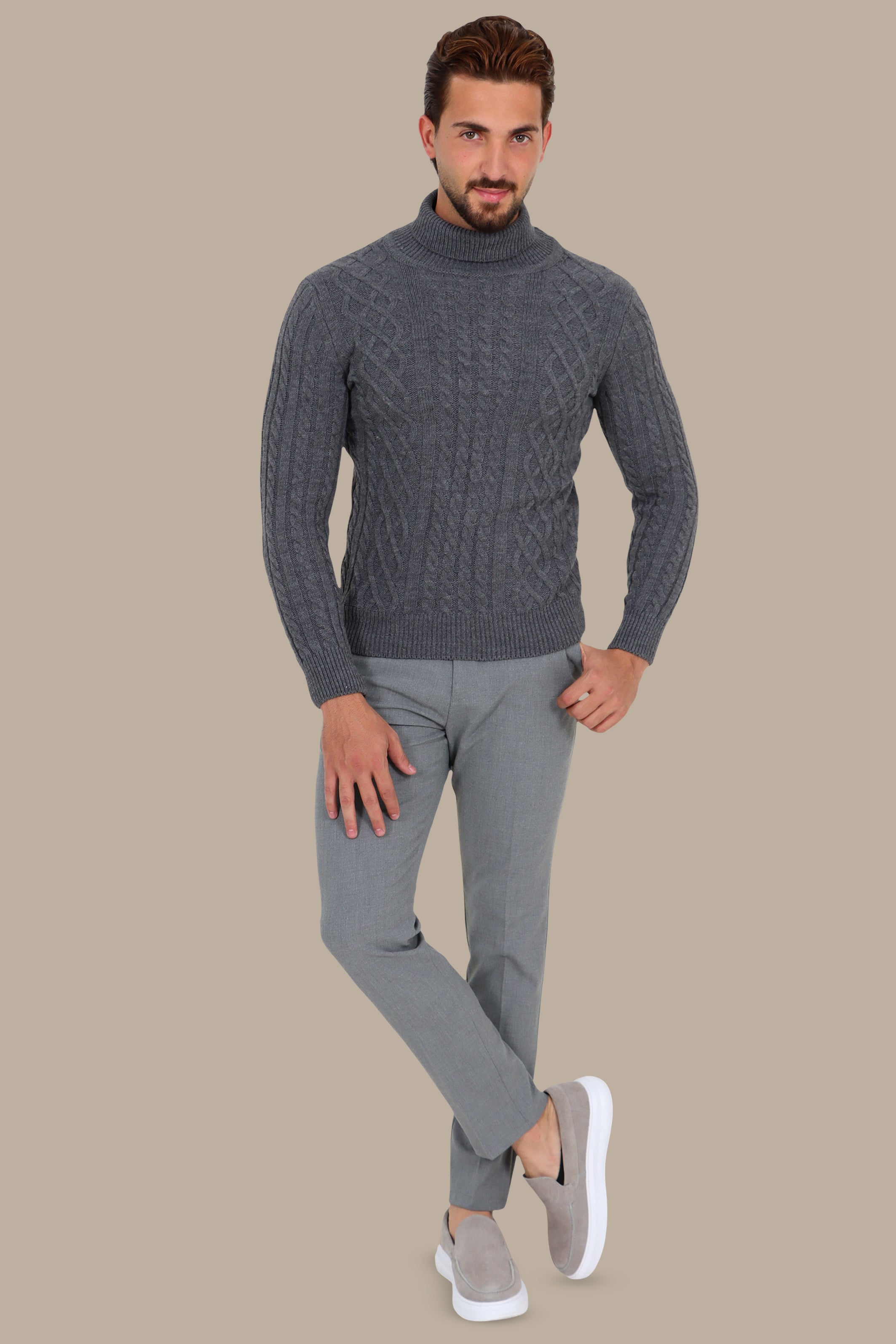 Turtleneck Sweater Thick Braided Design Grey