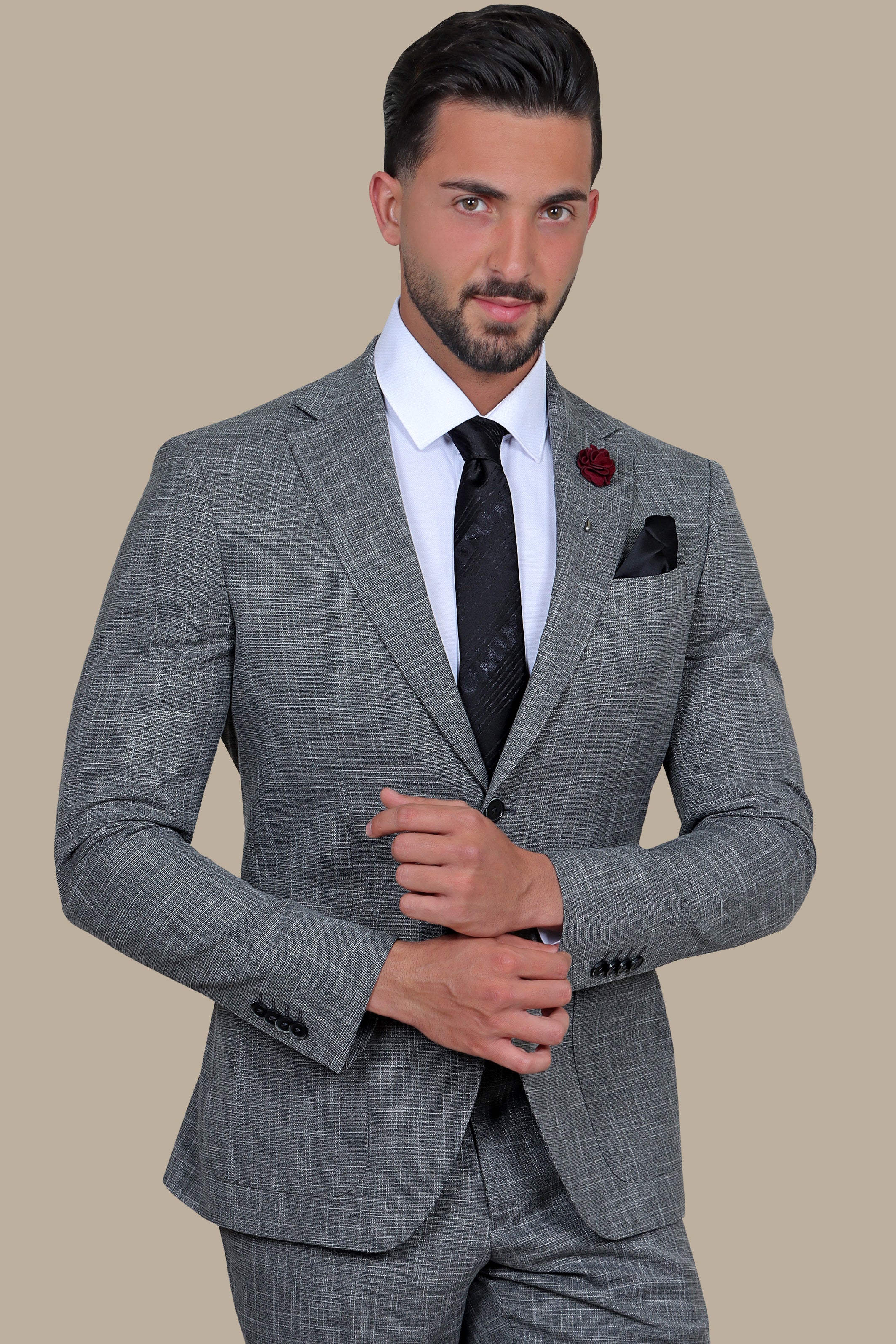 Grey Slim Fit Suit with Down Notch Patch Pockets