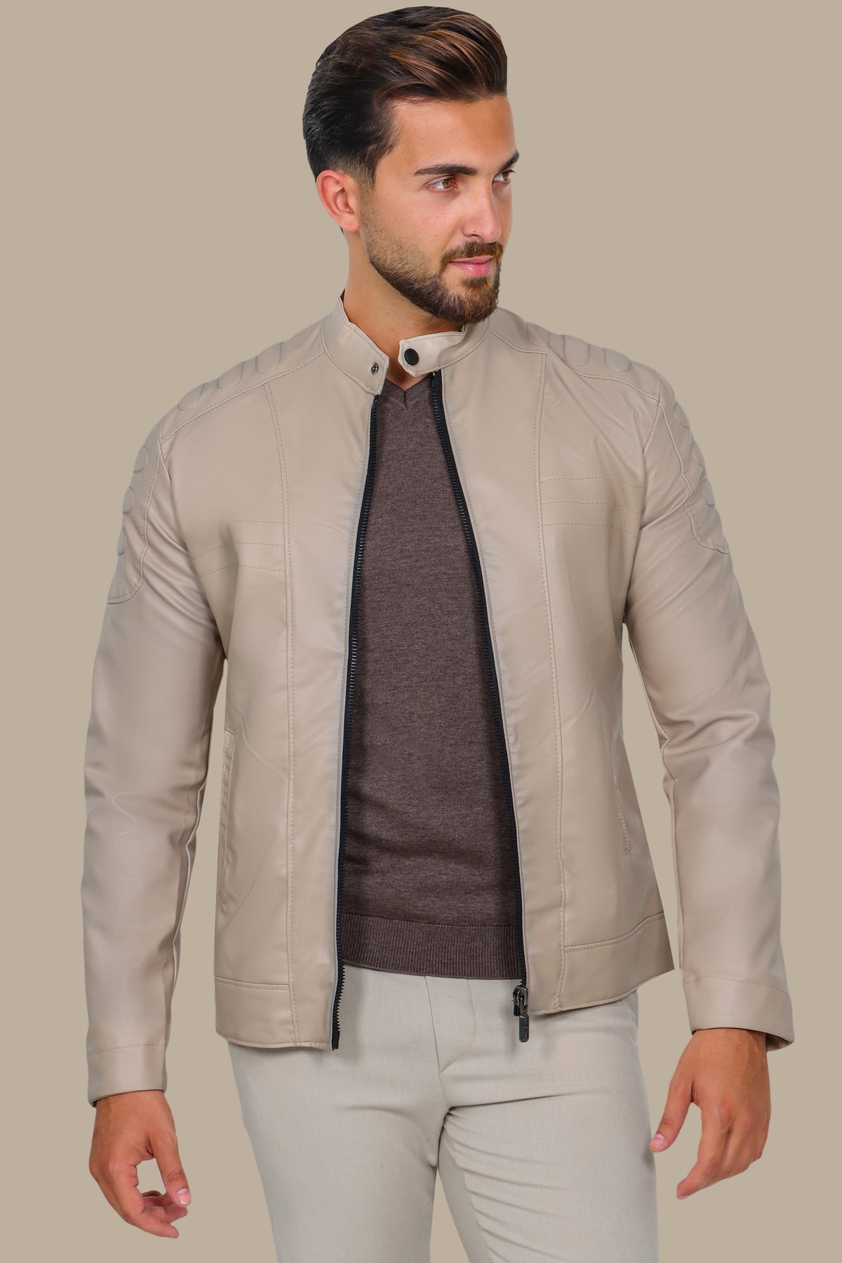 Beige Chic: Faux Leather Biker Jacket with Mao Collar