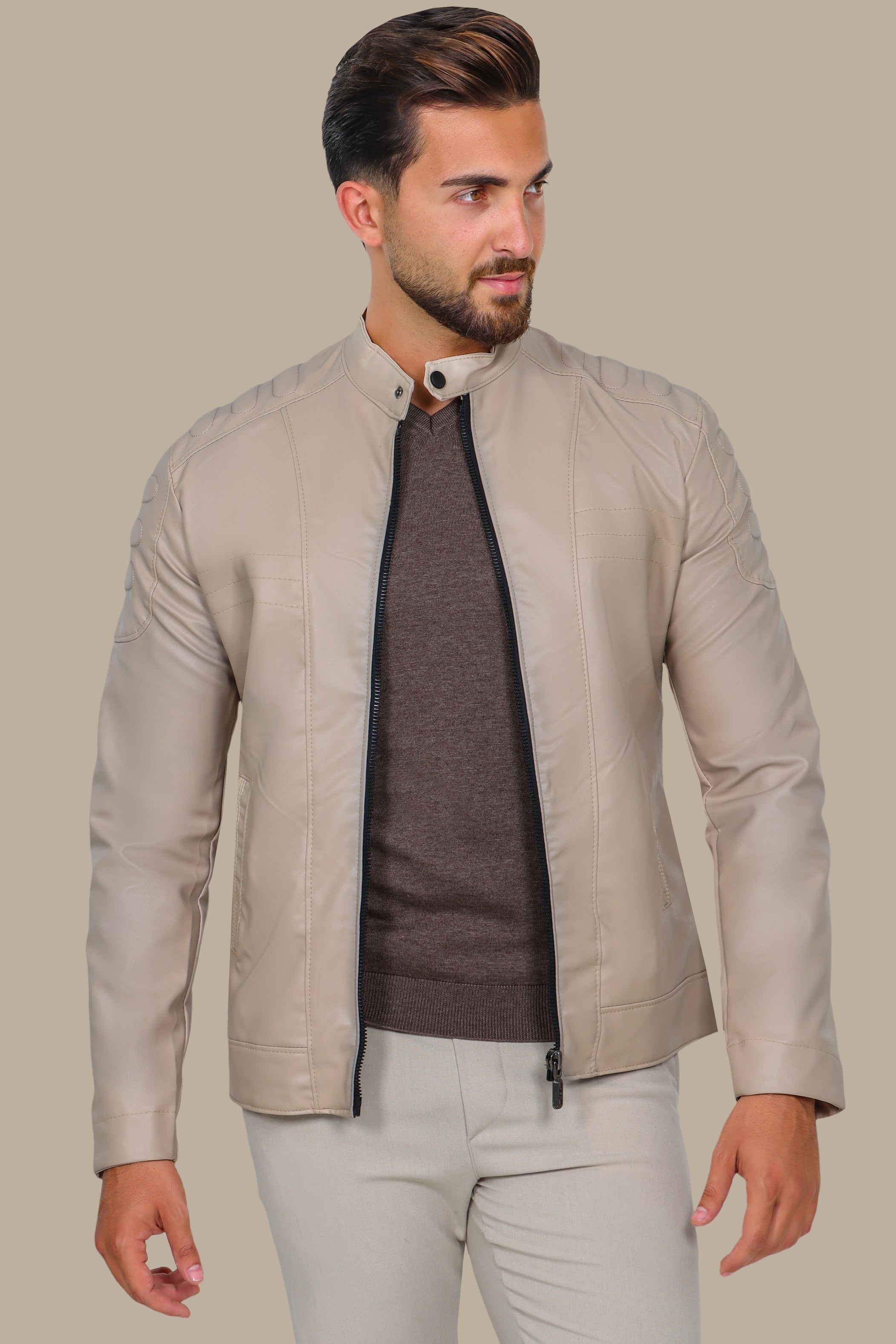 Beige Chic: Faux Leather Biker Jacket with Mao Collar
