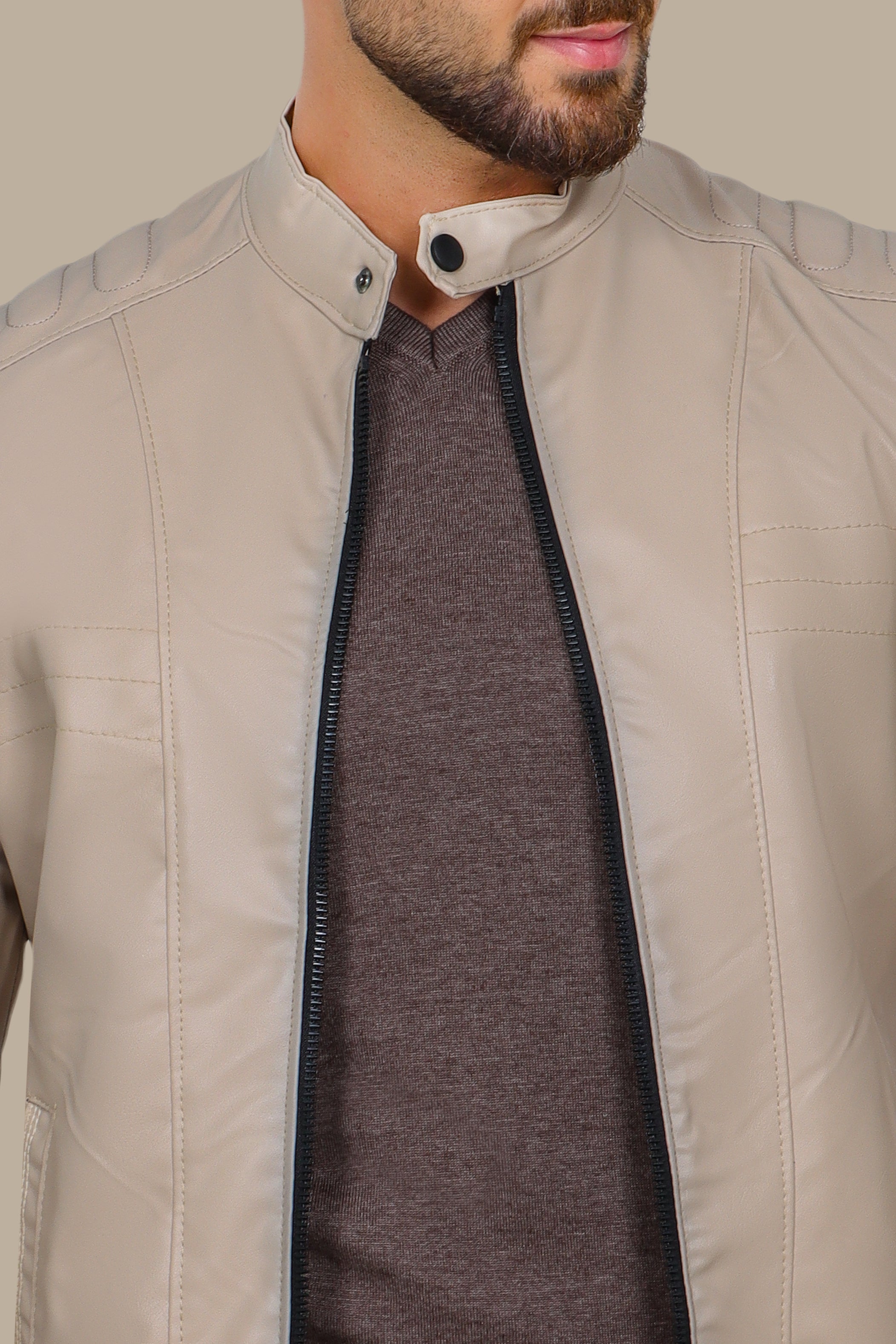 Beige Chic: Faux Leather Biker Jacket with Mao Collar
