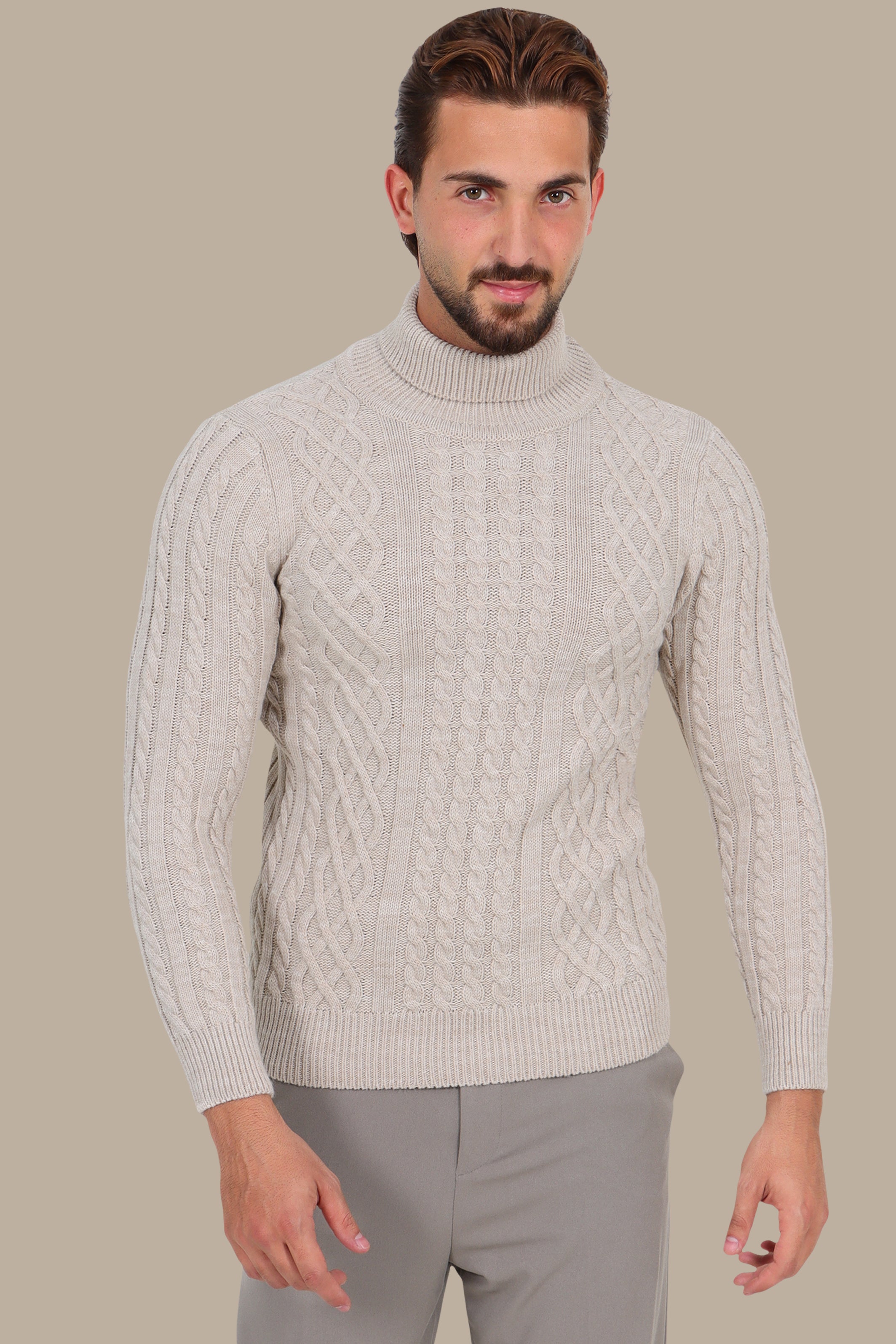 Thick Braided Turtleneck Sweater in Beige