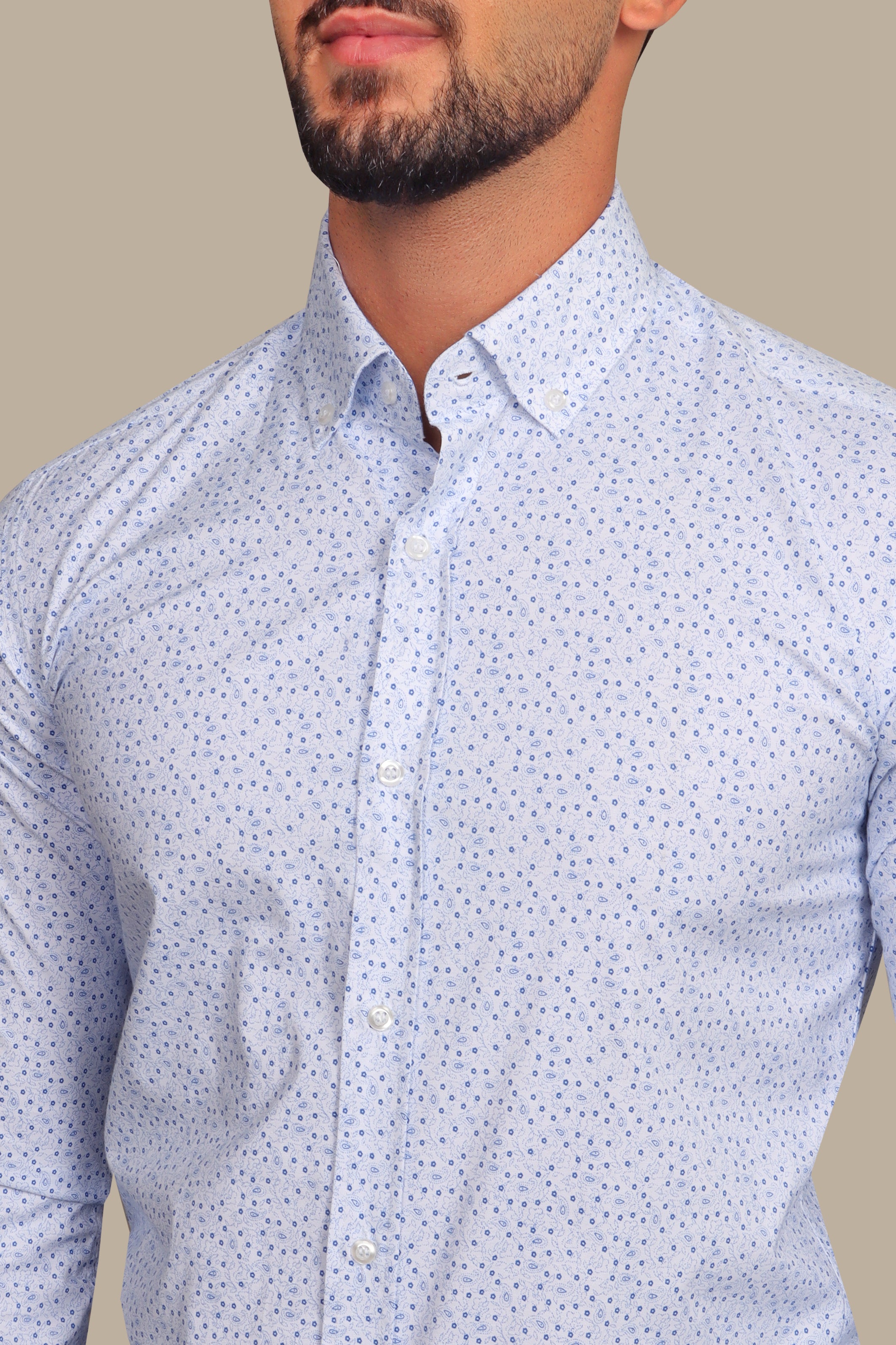 White Shirt with Navy Paisley Print and Lycra Blend