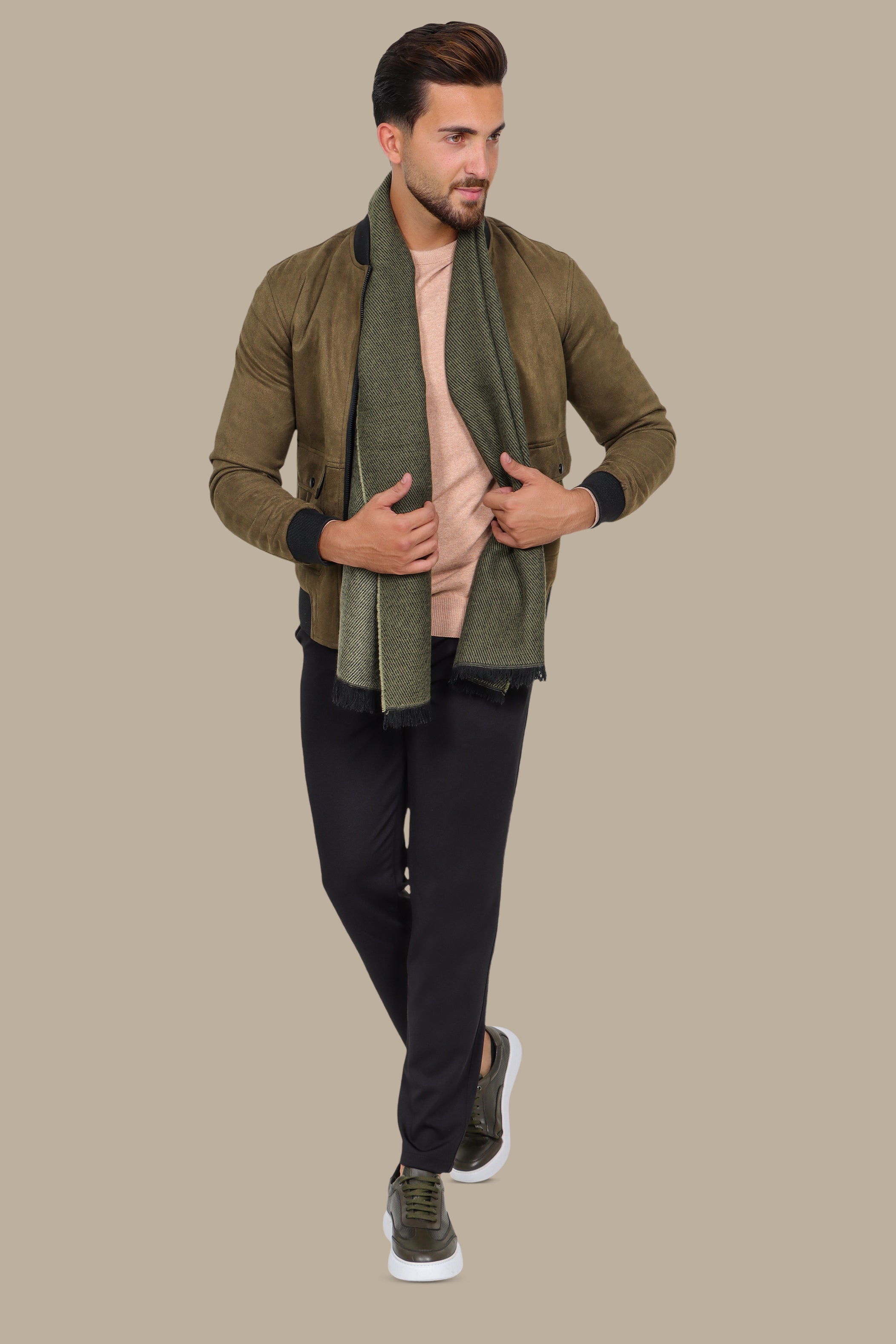 Olive Elegance: Col Mao Blouson Jacket