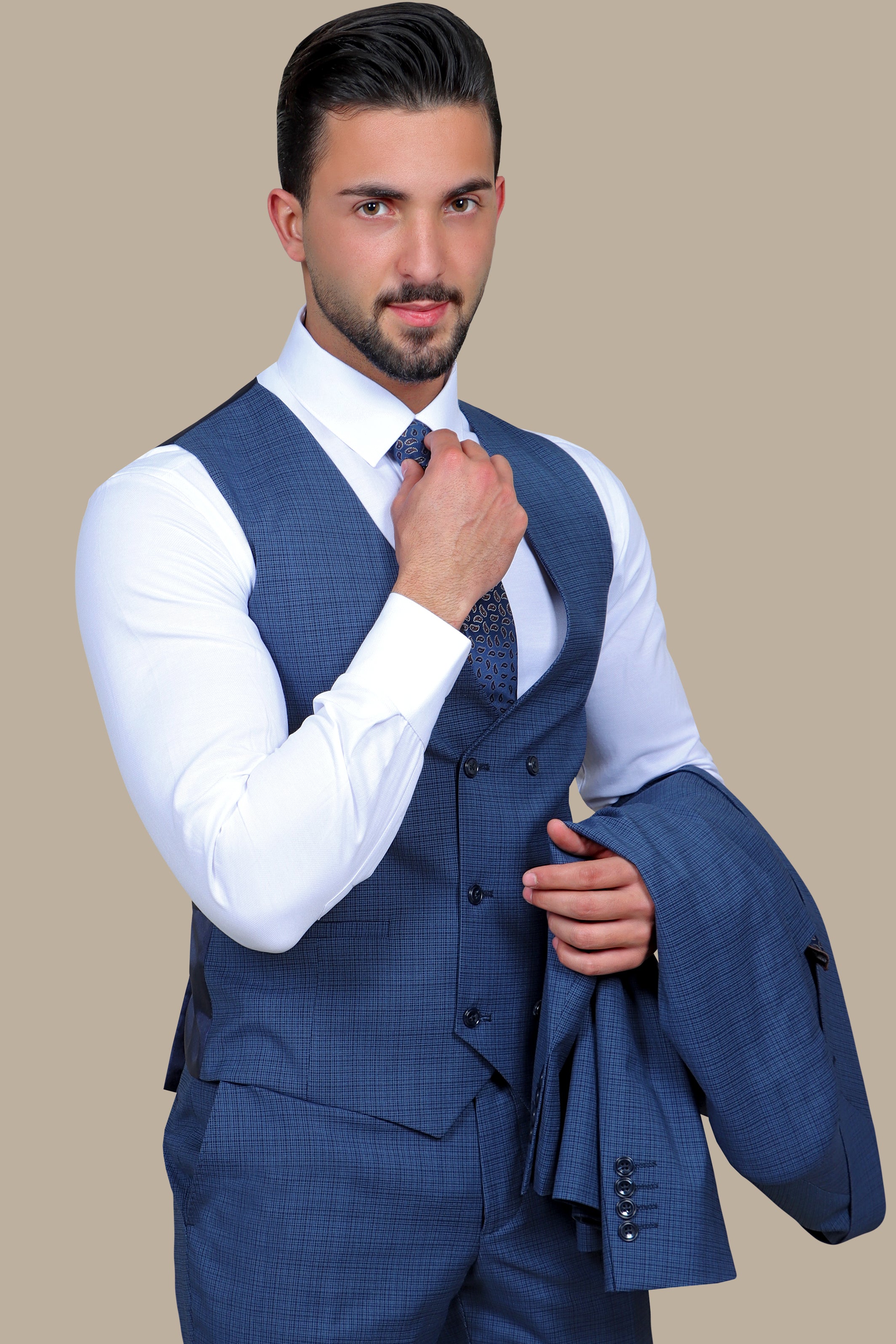 Blue Checked Sophistication: The Peak Lapel 3-Piece Suit