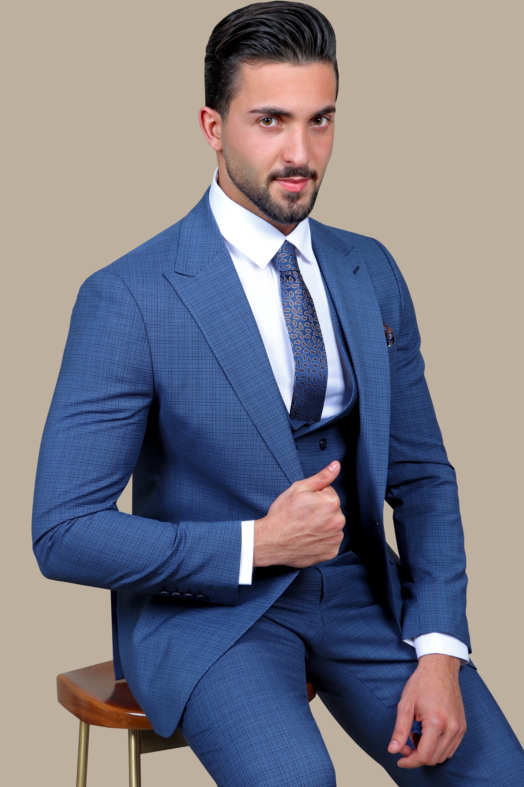 Blue Checked Sophistication: The Peak Lapel 3-Piece Suit