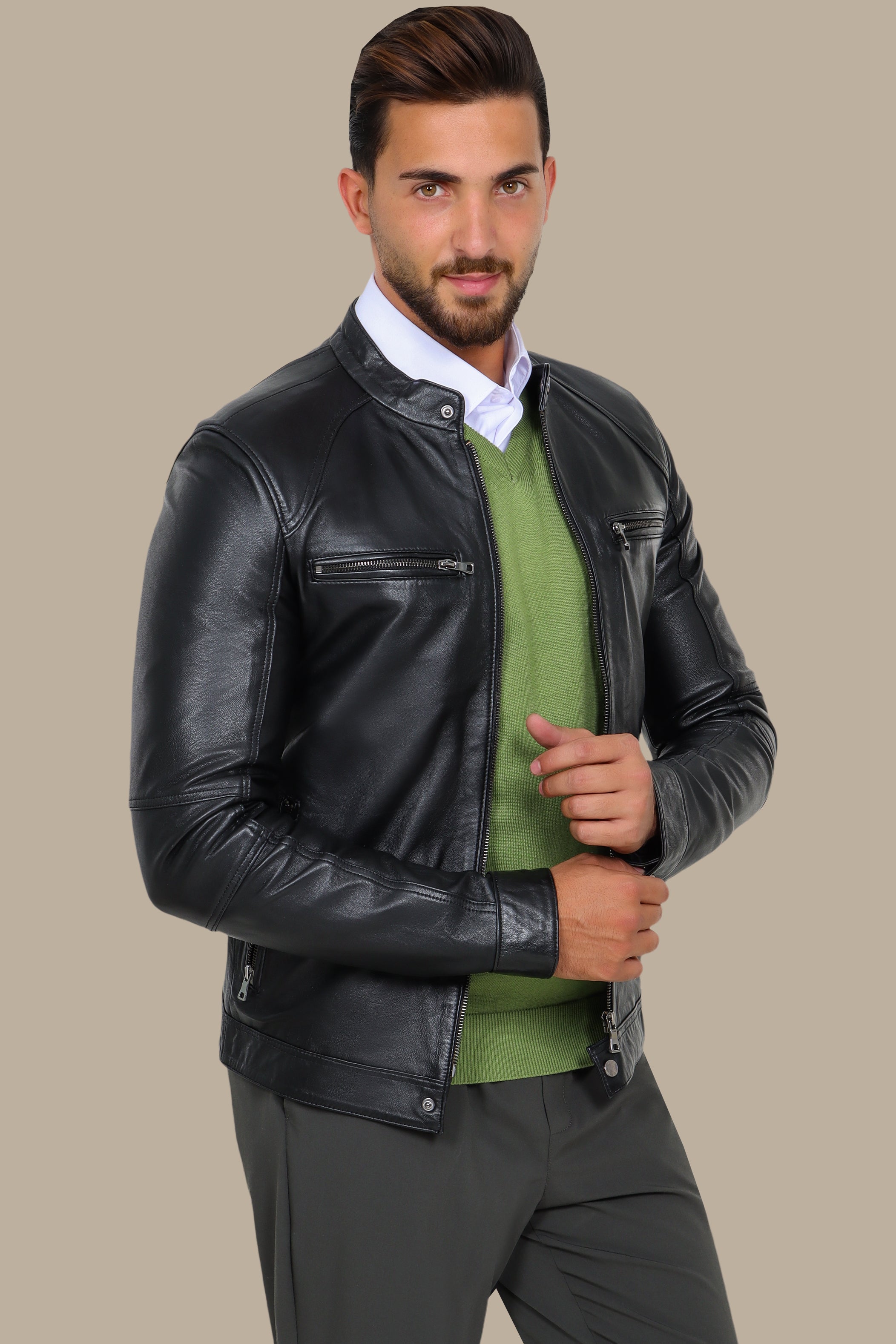 Black Leather Mao-Collar Jacket with Four Zippers